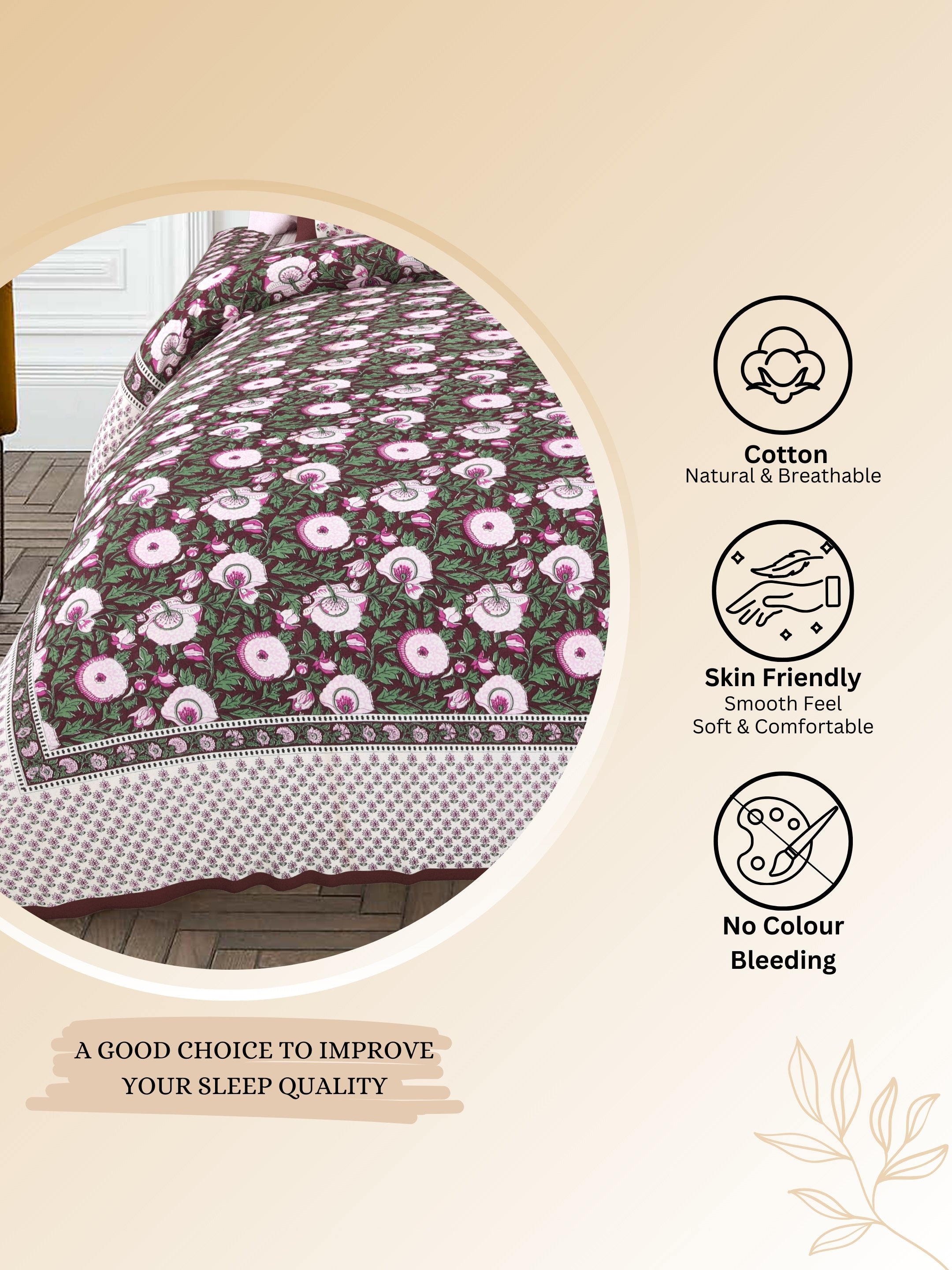 LIVING ROOTS Jaipuri Hand Block Print Super King Cotton Bedsheet 104*104 inches (8.6*8.6 feet) With 2 Pillow Cover | 240 TC | Rich Fast Colour With No Colour Bleeding | (535-A) (Brown)