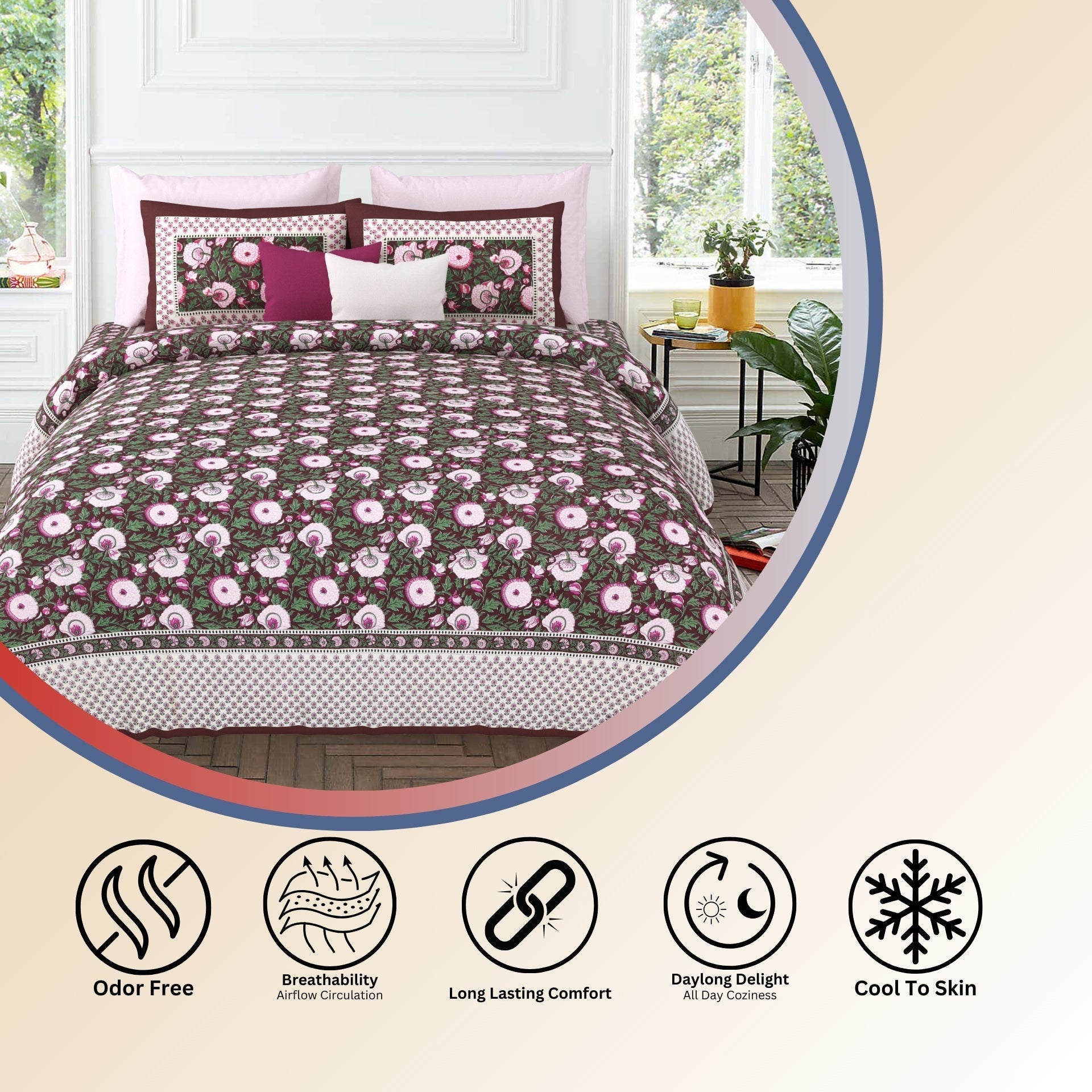 LIVING ROOTS Jaipuri Hand Block Print Super King Cotton Bedsheet 104*104 inches (8.6*8.6 feet) With 2 Pillow Cover | 240 TC | Rich Fast Colour With No Colour Bleeding | (535-A) (Brown)