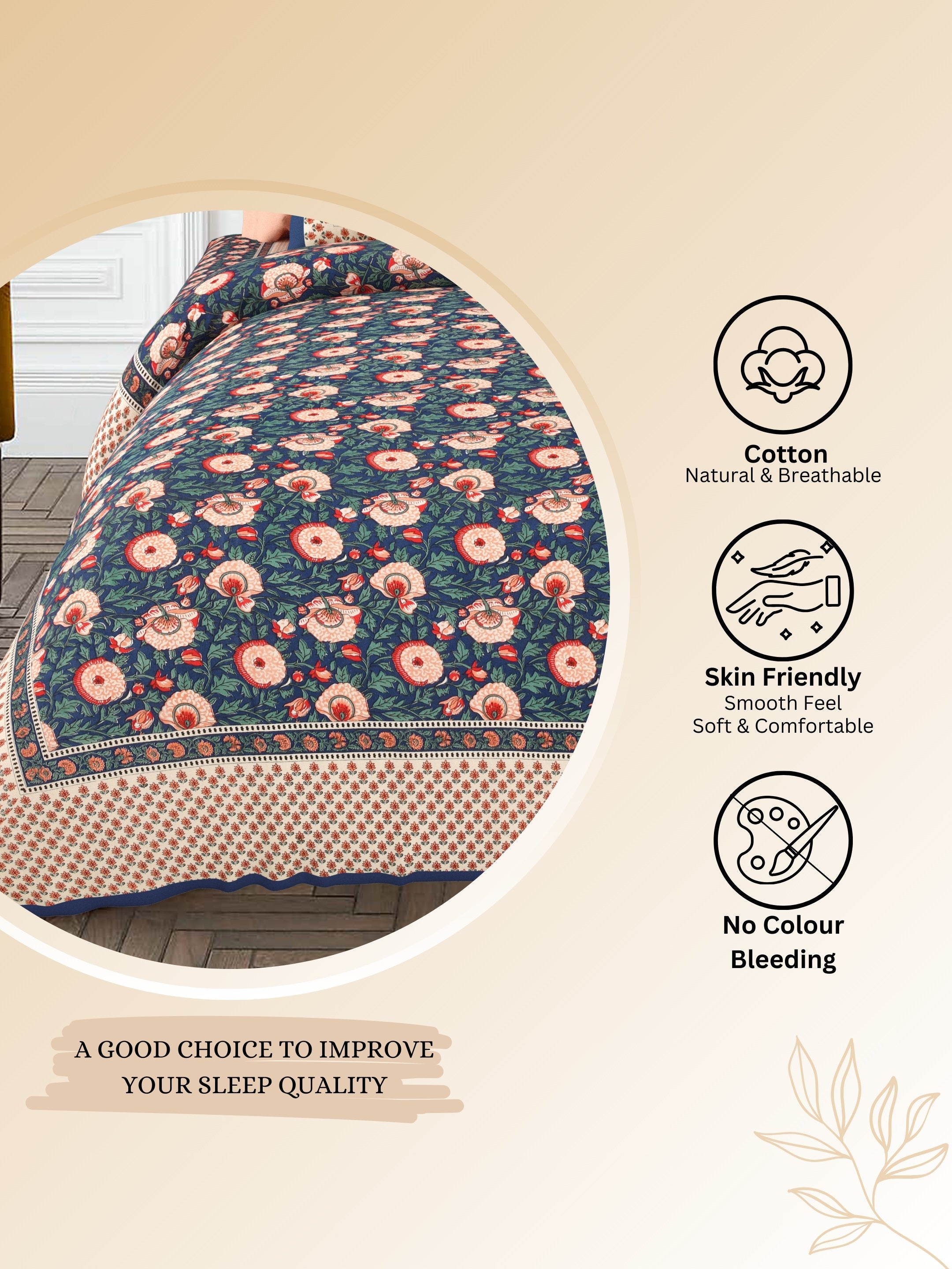 LIVING ROOTS Jaipuri Hand Block Print Super King Cotton Bedsheet 104*104 inches (8.6*8.6 feet) With 2 Pillow Cover | 240 TC | Rich Fast Colour With No Colour Bleeding | (535-B) (Blue)