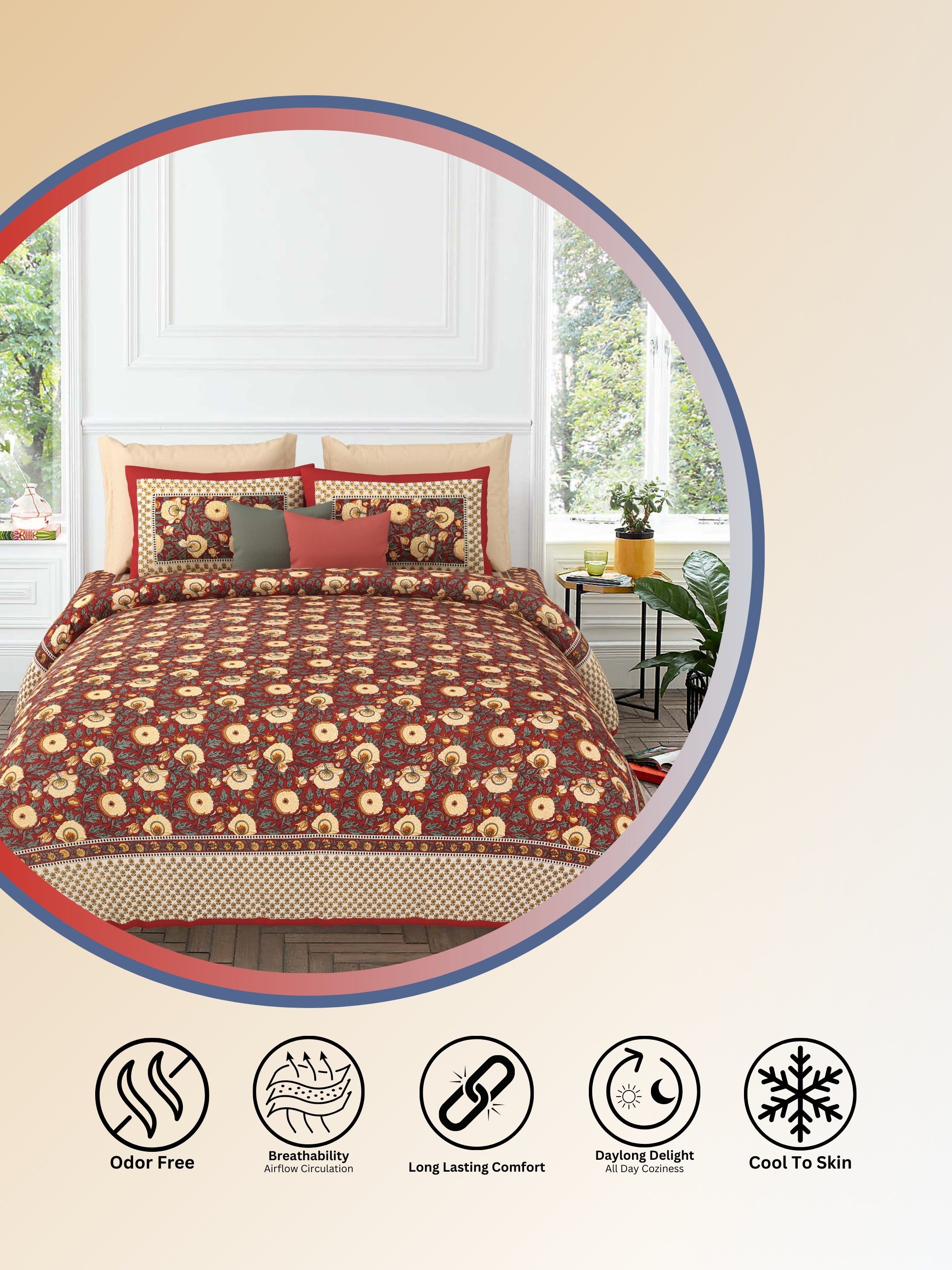LIVING ROOTS Jaipuri Hand Block Print Super King Cotton Bedsheet 104*104 inches (8.6*8.6 feet) With 2 Pillow Cover | 240 TC | Rich Fast Colour With No Colour Bleeding | (535-C) (Red)