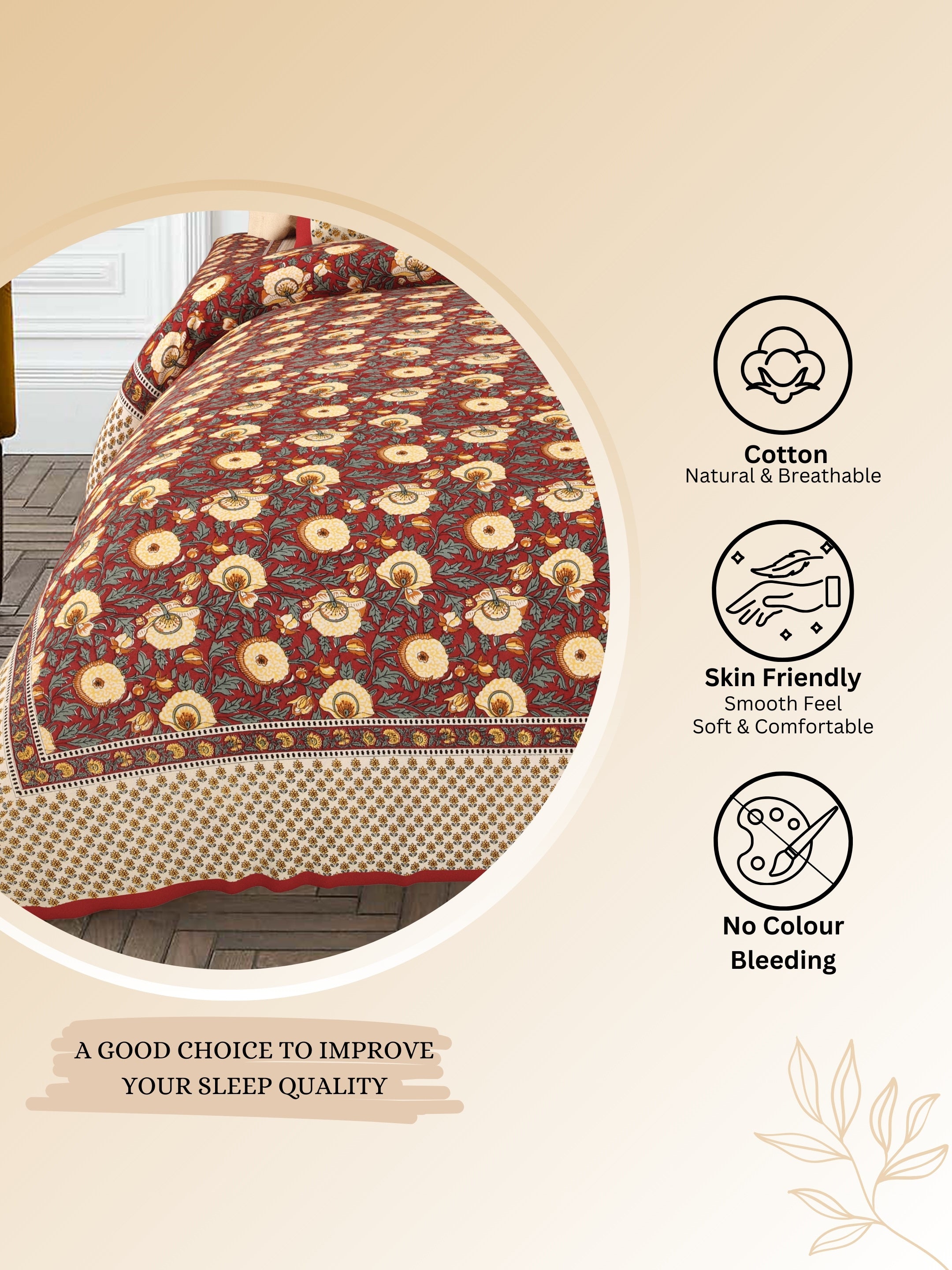 LIVING ROOTS Jaipuri Hand Block Print Super King Cotton Bedsheet 104*104 inches (8.6*8.6 feet) With 2 Pillow Cover | 240 TC | Rich Fast Colour With No Colour Bleeding | (535-C) (Red)