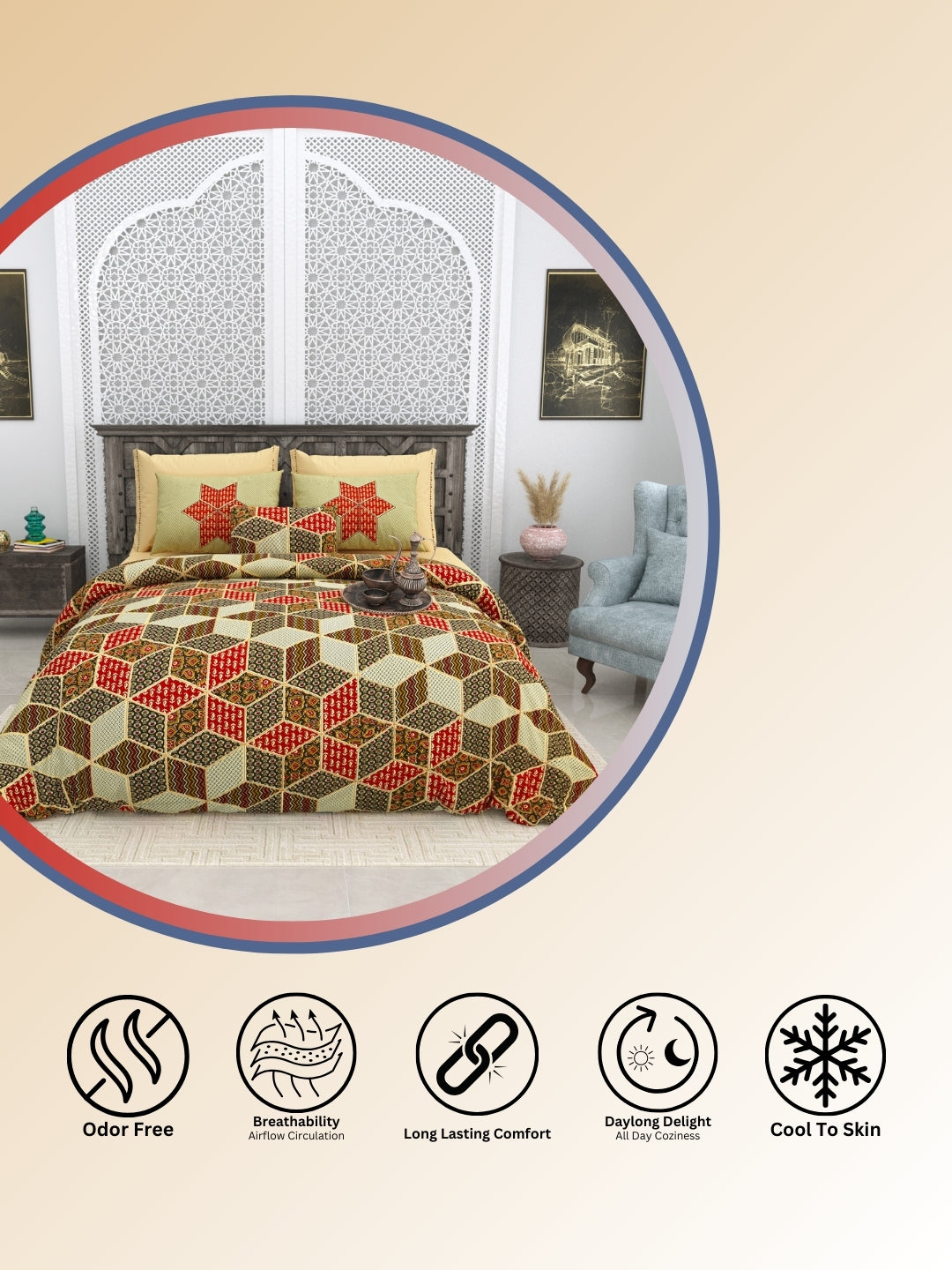 LIVING ROOTS Jaipuri Hand Block Print Super King Cotton Bedsheet 104*104 inches (8.5*8.5 feet) With 2 Pillow Cover | 240 TC | Rich Fast Colour With No Colour Bleeding | (564-B) (Yellow)