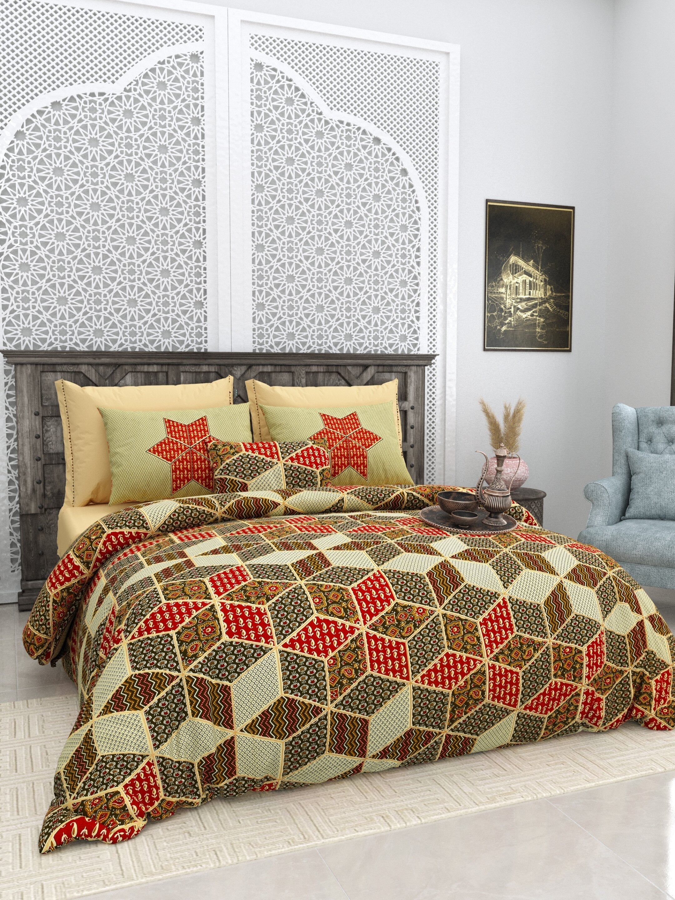 LIVING ROOTS Jaipuri Hand Block Print Super King Cotton Bedsheet 104*104 inches (8.5*8.5 feet) With 2 Pillow Cover | 240 TC | Rich Fast Colour With No Colour Bleeding | (564-B) (Yellow)