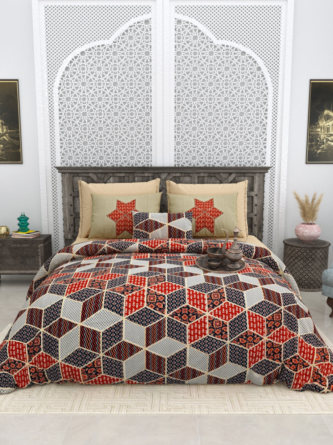 LIVING ROOTS Jaipuri Hand Block Print Super King Cotton Bedsheet 104*104 inches (8.5*8.5 feet) With 2 Pillow Cover | 240 TC | Rich Fast Colour With No Colour Bleeding | (564-C) (Grey)