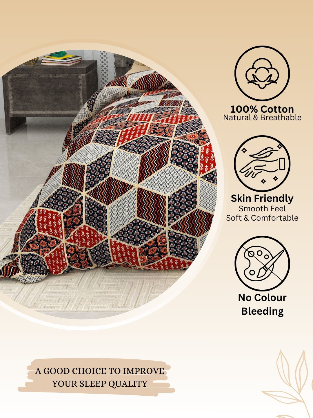 LIVING ROOTS Jaipuri Hand Block Print Super King Cotton Bedsheet 104*104 inches (8.5*8.5 feet) With 2 Pillow Cover | 240 TC | Rich Fast Colour With No Colour Bleeding | (564-C) (Grey)