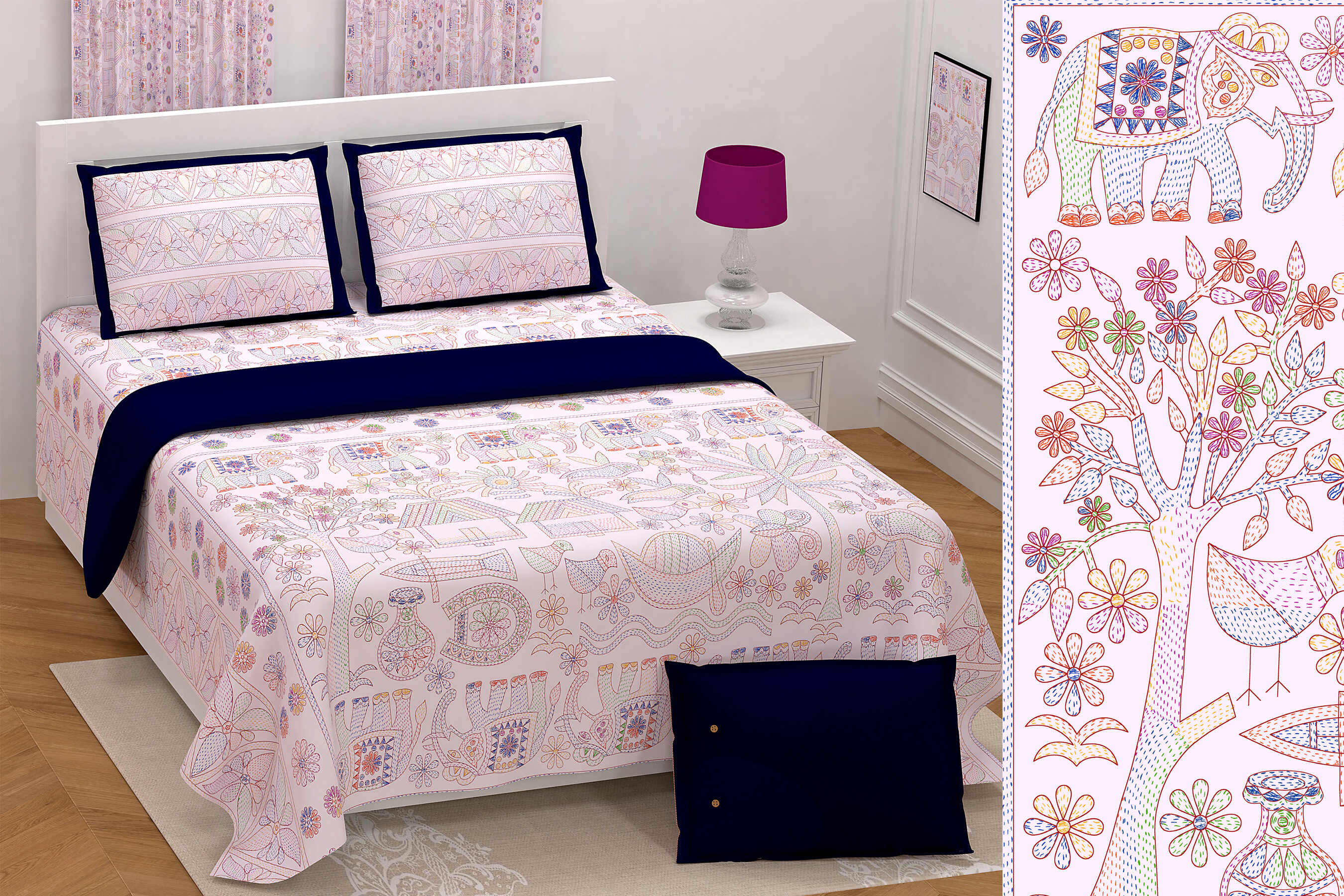 LIVING ROOTS Jaipuri Hand Block Print Super King Cotton Bedsheet 104*104 inches (8.5*8.5 feet) With 2 Pillow Cover | 240 TC | Rich Fast Colour With No Colour Bleeding | (565-A) (Pink)