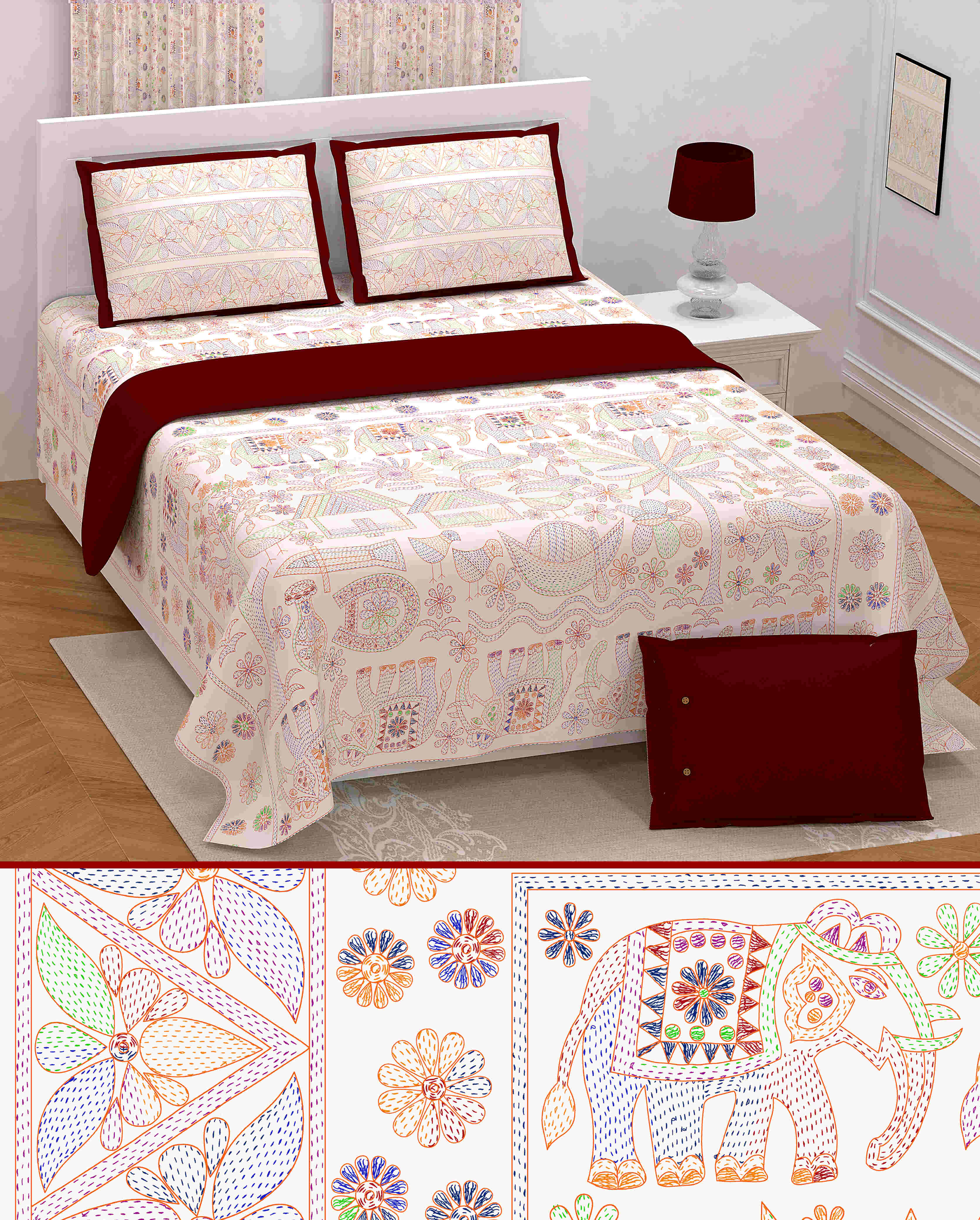 LIVING ROOTS Jaipuri Hand Block Print Super King Cotton Bedsheet 104*104 inches (8.5*8.5 feet) With 2 Pillow Cover | 240 TC | Rich Fast Colour With No Colour Bleeding | (565-C) (Pink)