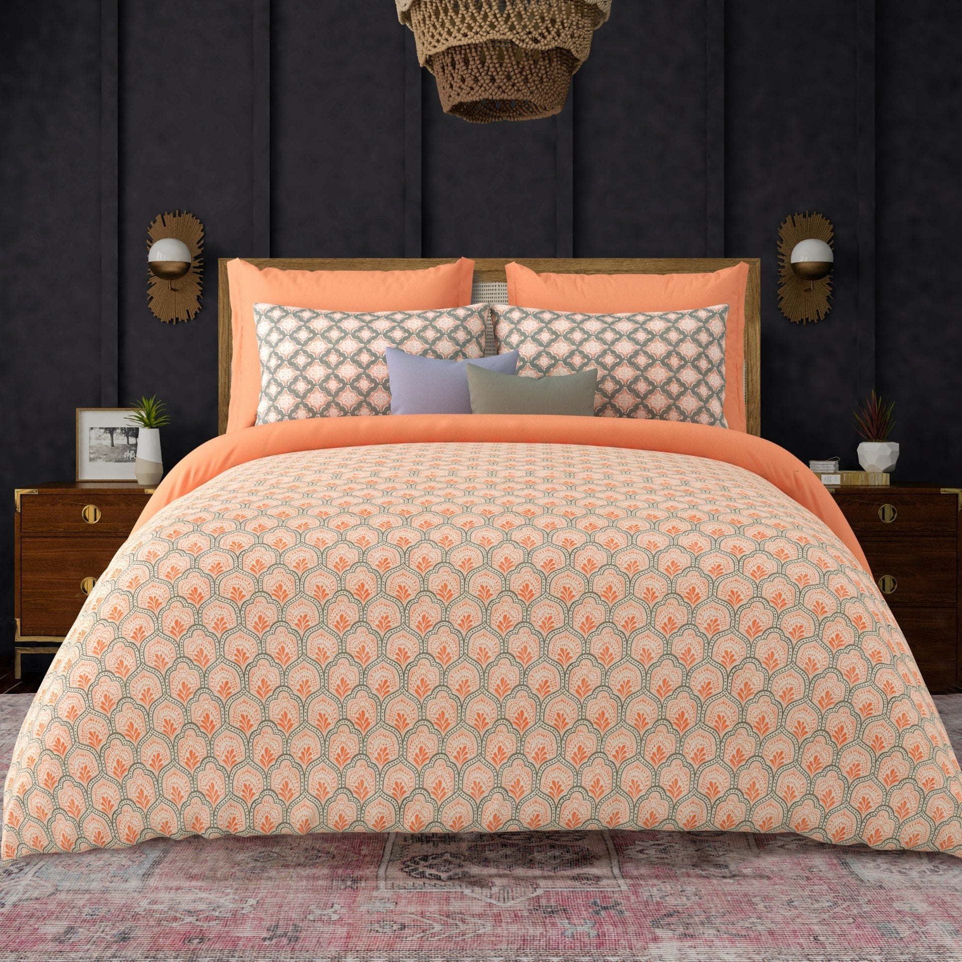 LIVING ROOTS Jaipuri Hand Block Print Super King Cotton Bedsheet 104*104 inches (8.5*8.5 feet) With 2 Pillow Cover | 240 TC | Rich Fast Colour With No Colour Bleeding | (568-C) (Orange)