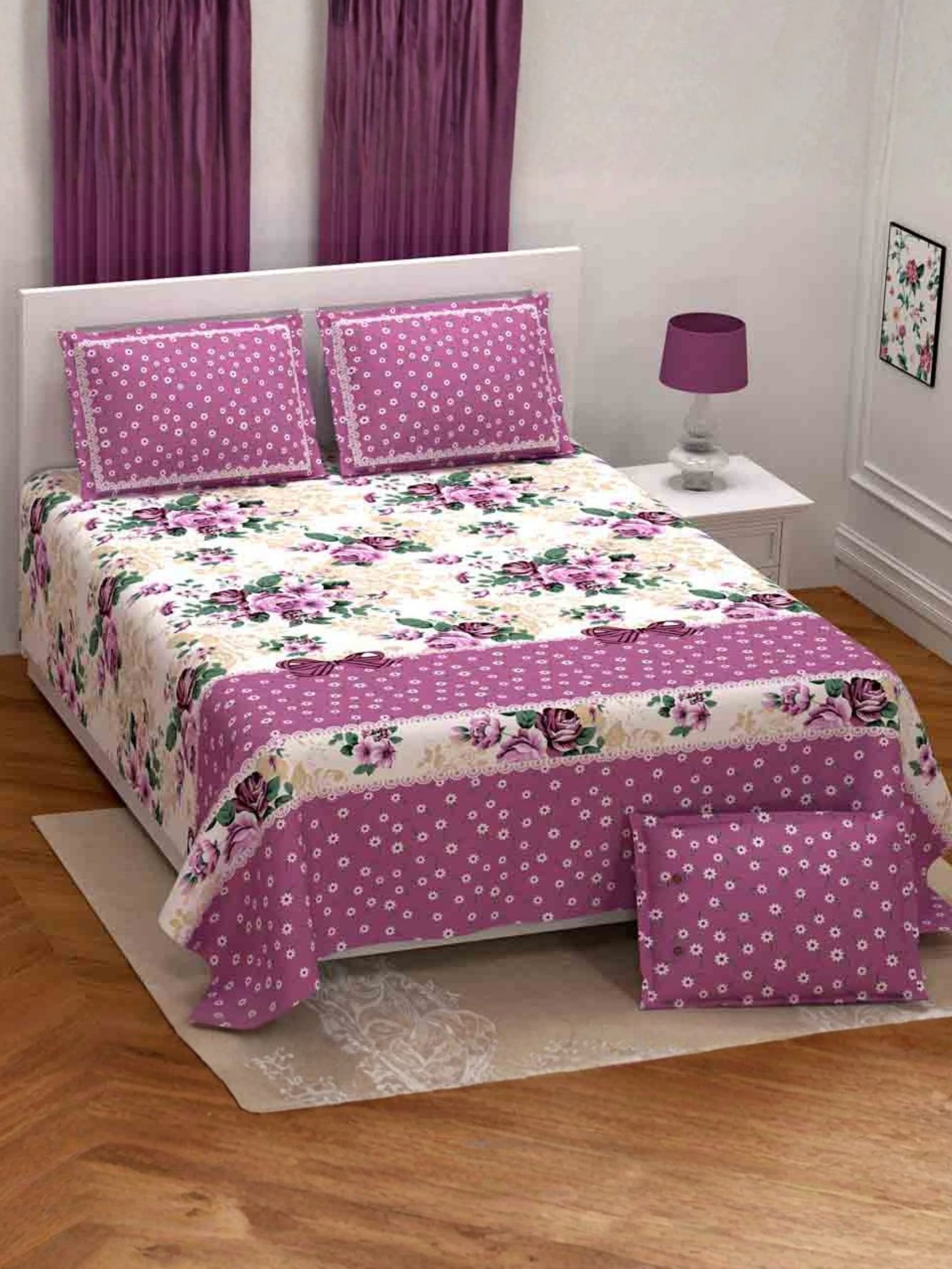 Living Roots Cotton Super King Size Bedsheet | 104 x 104 Inches, 8.6 x 8.6 Feet | with 2 Pillow Covers | Pink Color Floral Motif with Geometric Border Print | Premium Soft Fabric | Perfect for Everyday Use
