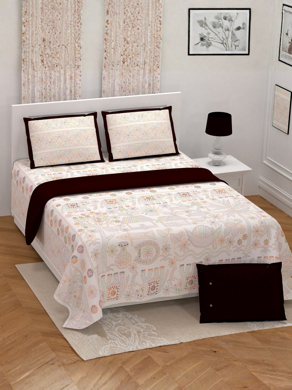 Living Roots Cotton Super King Size Bedsheet | 104 x 104 Inches, 8.6 x 8.6 Feet | with 2 Pillow Covers | Cream Color traditional Madhubani Print | Premium Soft Fabric | Perfect for Everyday Use