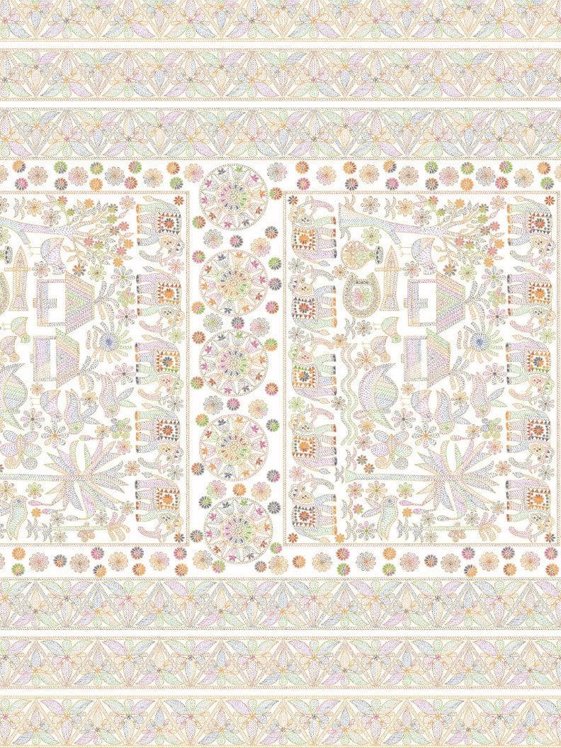 Living Roots Cotton Super King Size Bedsheet | 104 x 104 Inches, 8.6 x 8.6 Feet | with 2 Pillow Covers | Cream Cream Madhubani / Folk Art Hand Block Print| Premium Soft Fabric | Perfect for Everyday Use