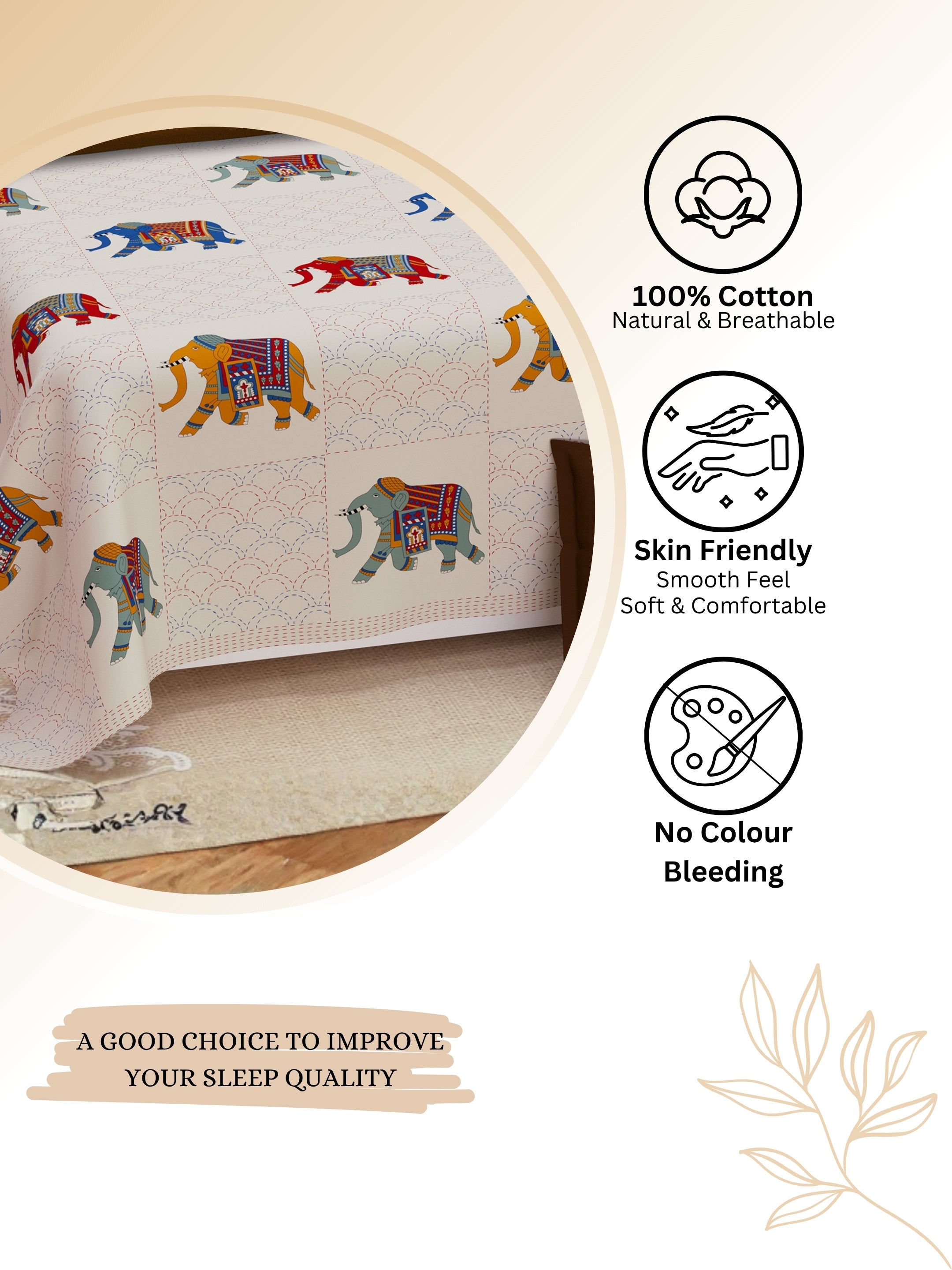 Living Roots Cotton Super King Size Bedsheet | 104 x 104 Inches, 8.6 x 8.6 Feet | with 2 Pillow Covers | Cream Color Jaipuri Hand Block Print| Premium Soft Fabric | Perfect for Everyday Use