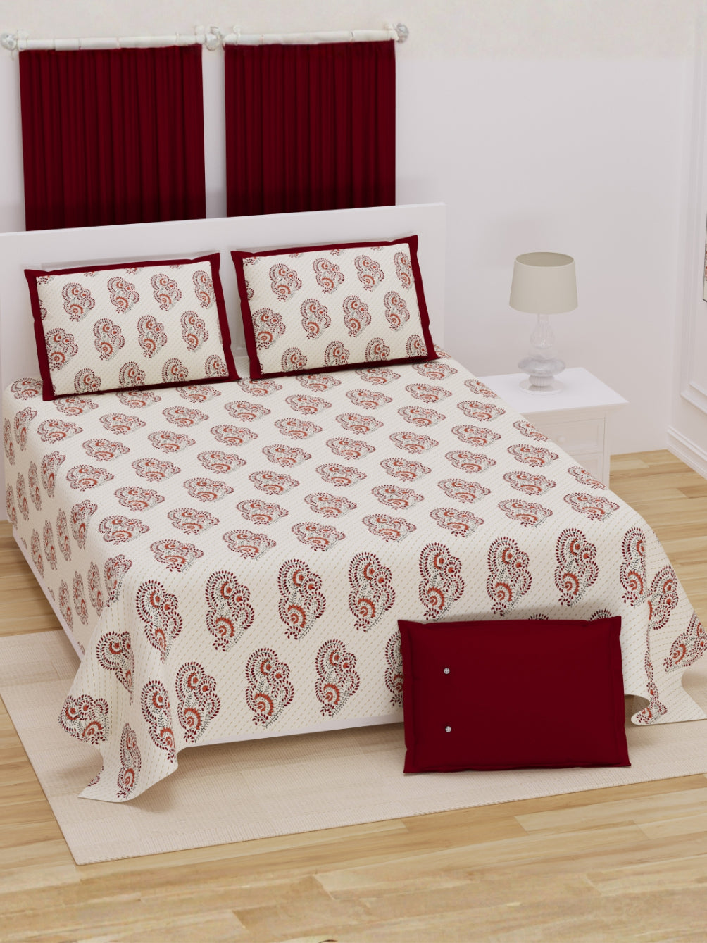 Living Roots Cotton Super King Size Bedsheet | 104 x 104 Inches, 8.6 x 8.6 Feet | with 2 Pillow Covers | Cream Color Floral Motif hand block print | Premium Soft Fabric | Perfect for Everyday Use