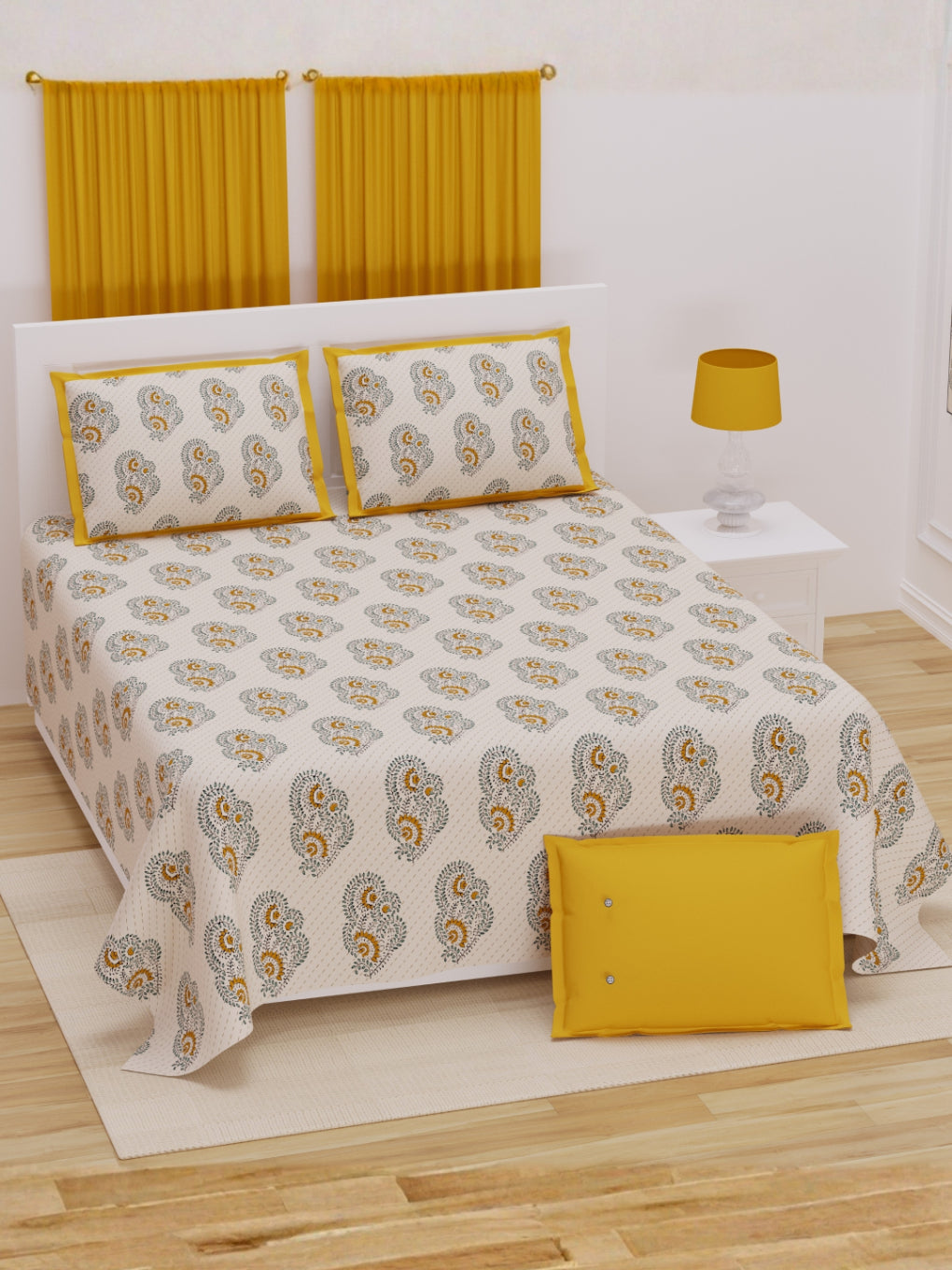 Living Roots Cotton Super King Size Bedsheet | 104 x 104 Inches, 8.6 x 8.6 Feet | with 2 Pillow Covers | Cream Color traditional Rajasthani hand block print | Premium Soft Fabric | Perfect for Everyday Use