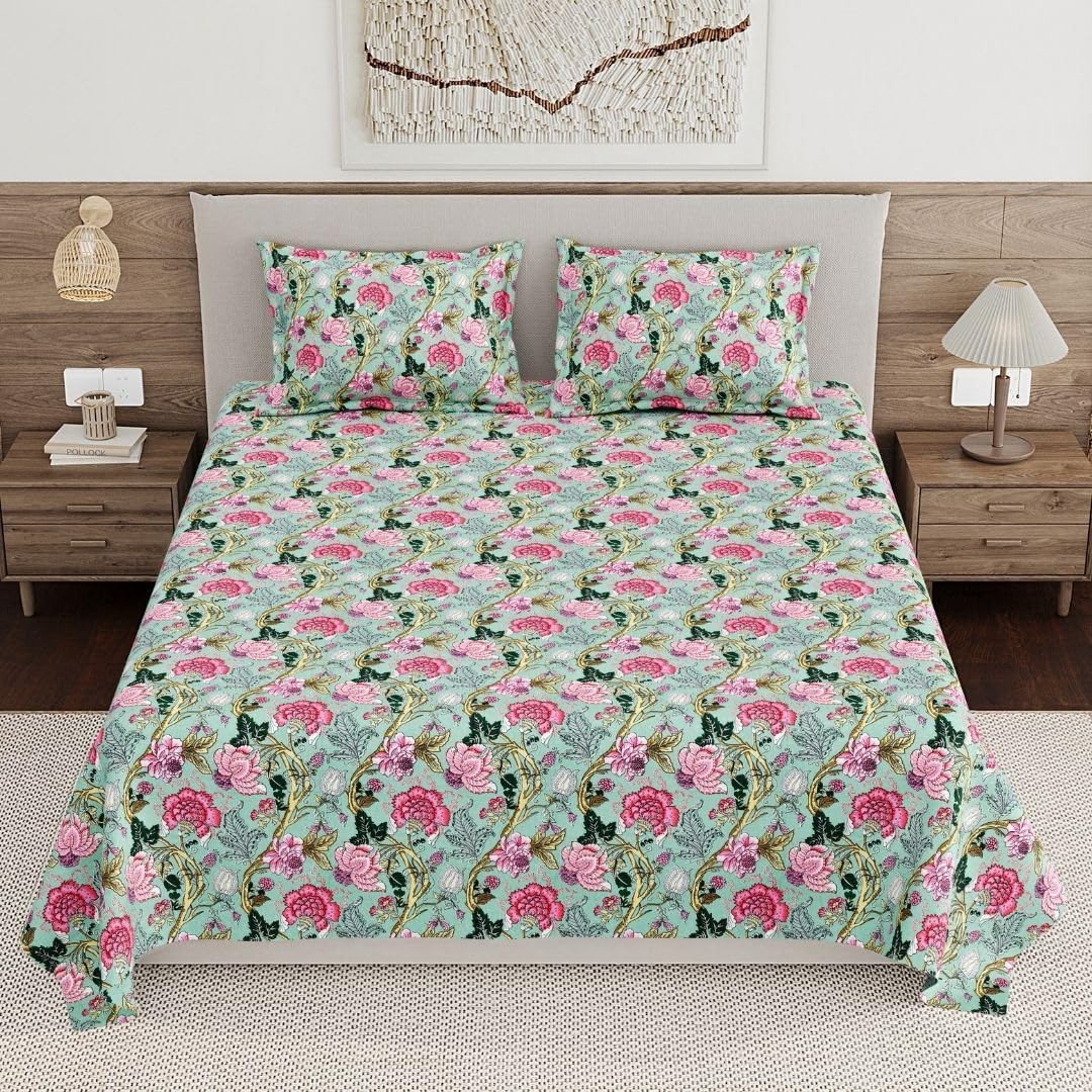 Living Roots Ethnic Jaipur Block Print Double King Cotton Bedsheet & 2 Pillow Covers, for Mattress Upto 6 inches Thick, No Colour Bleeding, Pink Colour, King Size 90 x 108 inches, 120TC (618-A)