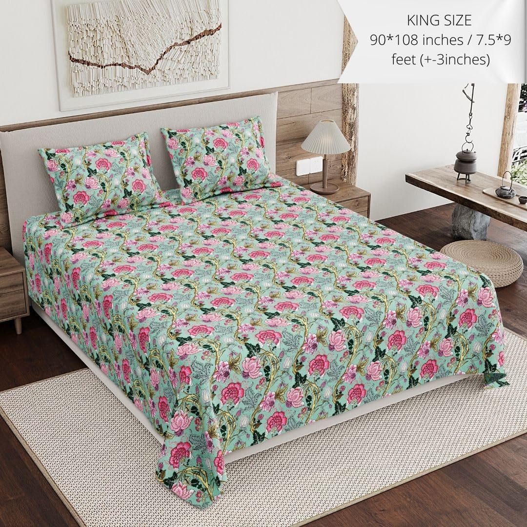 Living Roots Ethnic Jaipur Block Print Double King Cotton Bedsheet & 2 Pillow Covers, for Mattress Upto 6 inches Thick, No Colour Bleeding, Pink Colour, King Size 90 x 108 inches, 120TC (618-A)