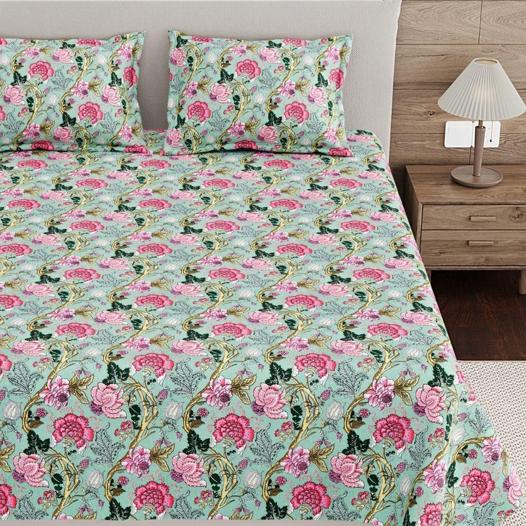 Living Roots Ethnic Jaipur Block Print Double King Cotton Bedsheet & 2 Pillow Covers, for Mattress Upto 6 inches Thick, No Colour Bleeding, Pink Colour, King Size 90 x 108 inches, 120TC (618-A)