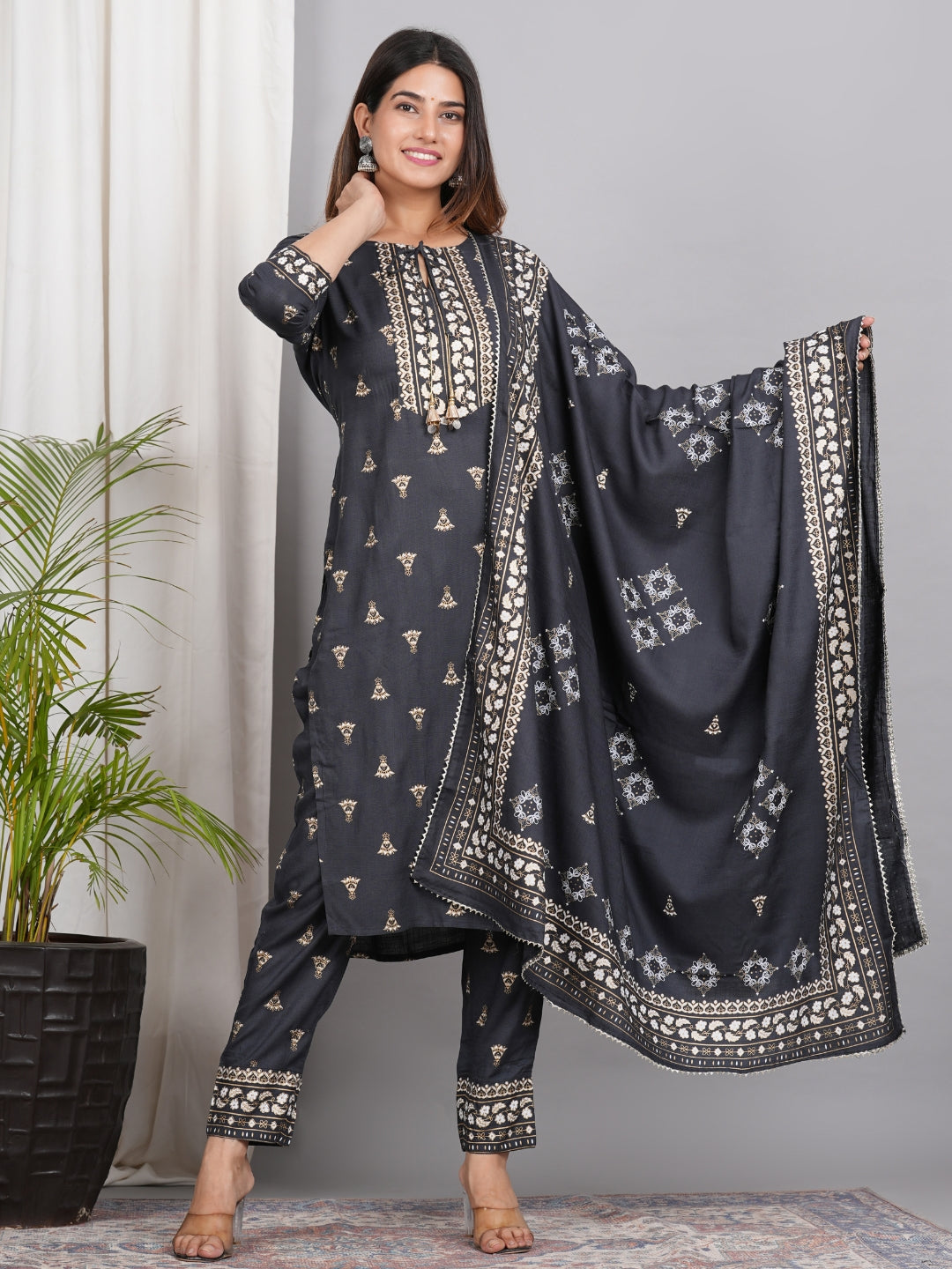 LIVING ROOTS Block Printed Black Pure Cotton 3 Piece Suit (W-1PC-009-M)