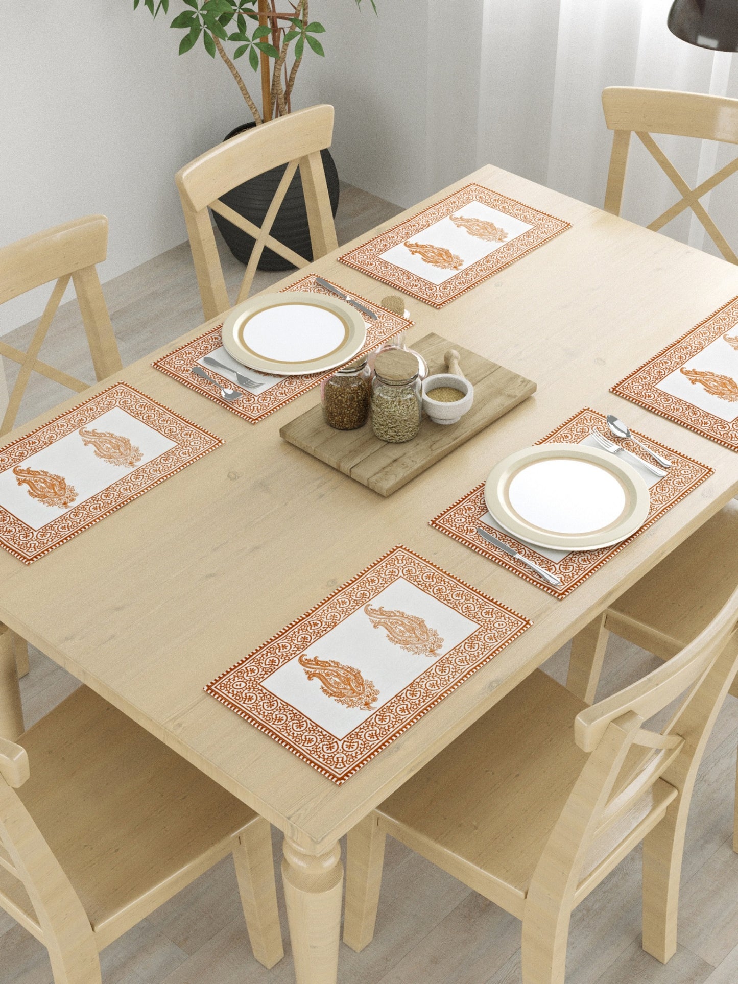 Hand Block Printed Orange & White Table Runner, Mat and Napkin Set for Center/Dining Table