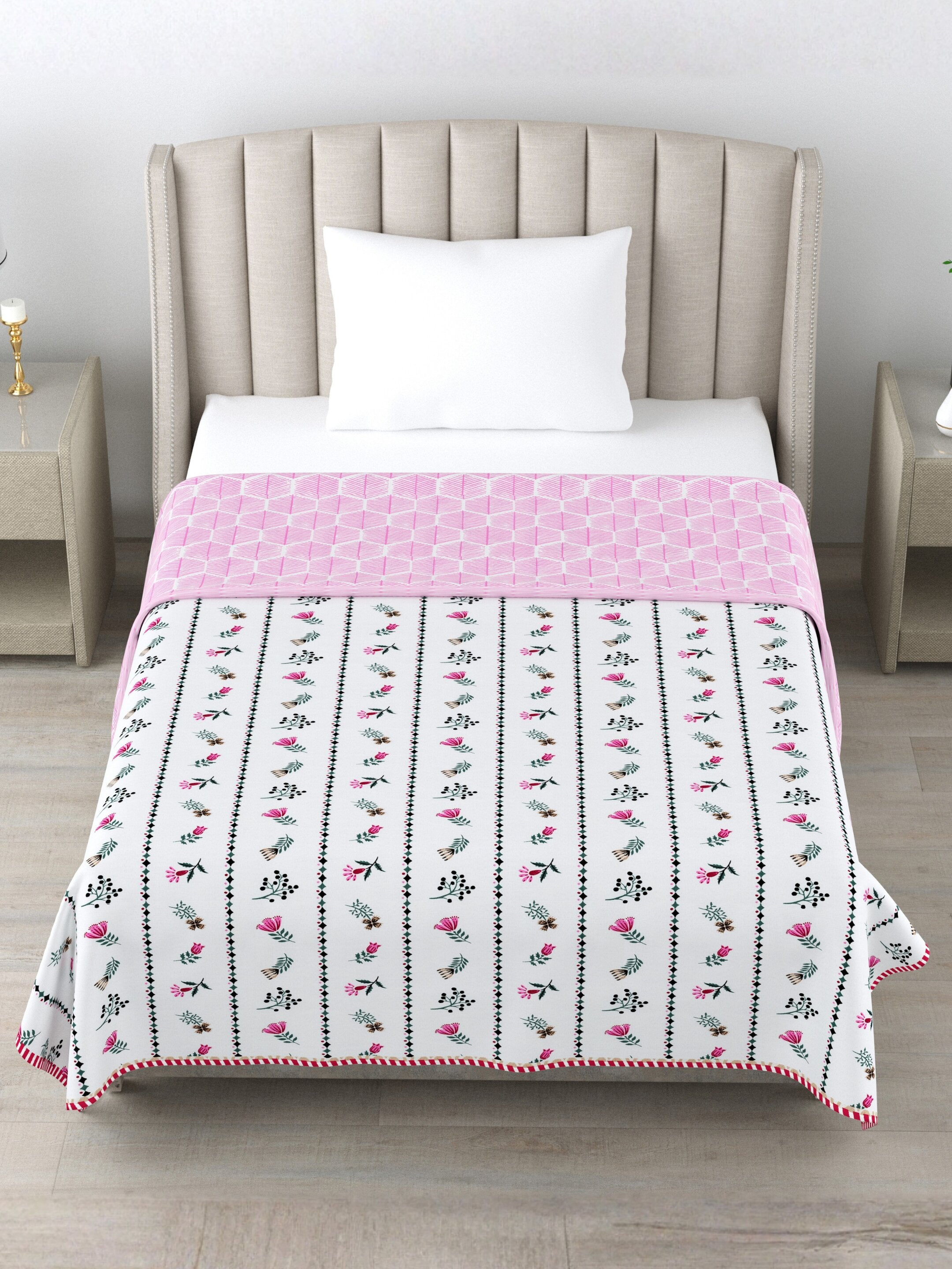 Living Roots Hand Block Stripe Floral Printed | Single Bed Dohar Lightweight For Summer Mild Winters AC Reversible Soft Comforter | No Colour Bleeding, Pink Colour, 56*86 inches, 150TC (11-024-A)