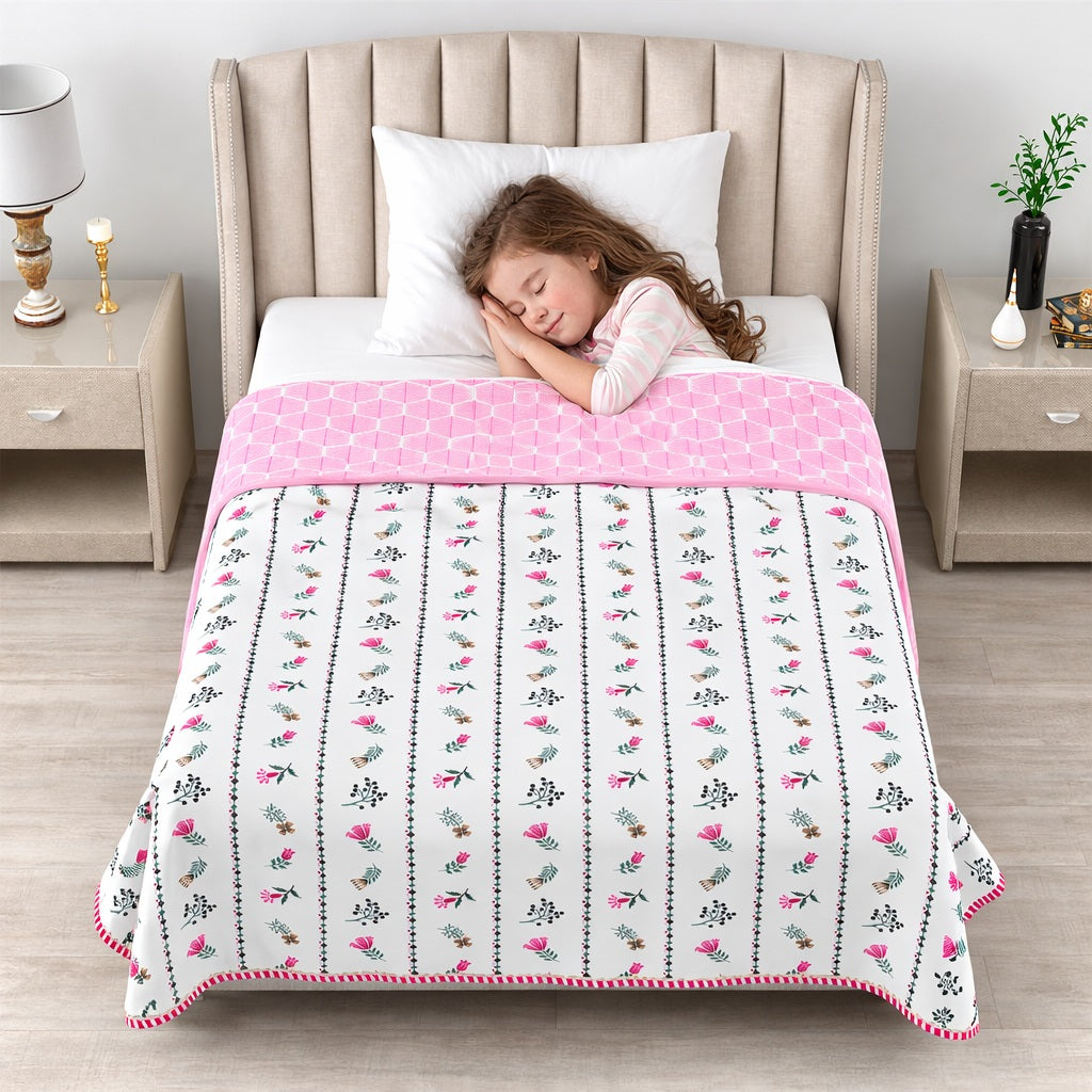 Living Roots Hand Block Stripe Floral Printed | Single Bed Dohar Lightweight For Summer Mild Winters AC Reversible Soft Comforter | No Colour Bleeding, Pink Colour, 56*86 inches, 150TC (11-024-A)