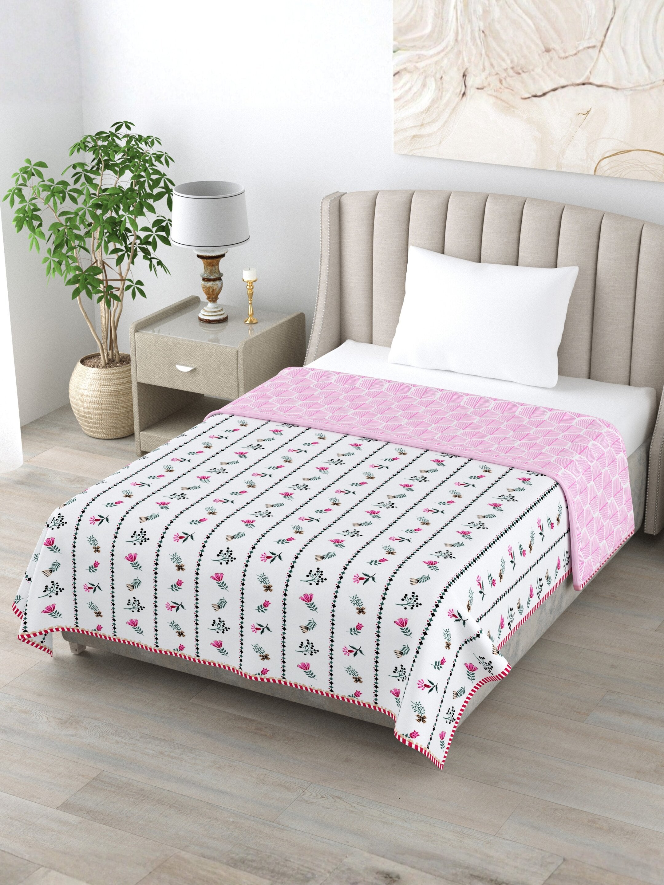 Living Roots Hand Block Stripe Floral Printed | Single Bed Dohar Lightweight For Summer Mild Winters AC Reversible Soft Comforter | No Colour Bleeding, Pink Colour, 56*86 inches, 150TC (11-024-A)