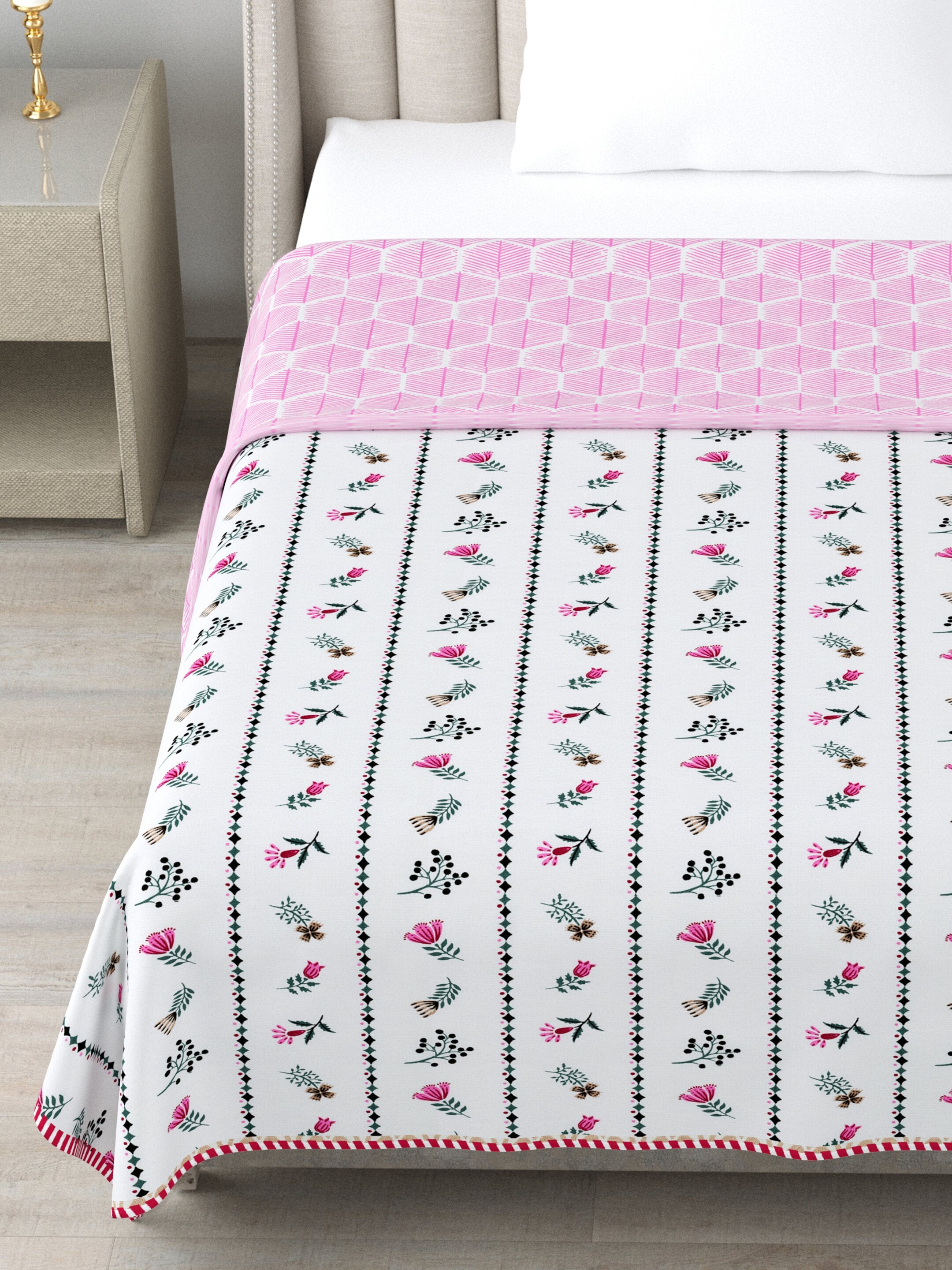 Living Roots Hand Block Stripe Floral Printed | Single Bed Dohar Lightweight For Summer Mild Winters AC Reversible Soft Comforter | No Colour Bleeding, Pink Colour, 56*86 inches, 150TC (11-024-A)