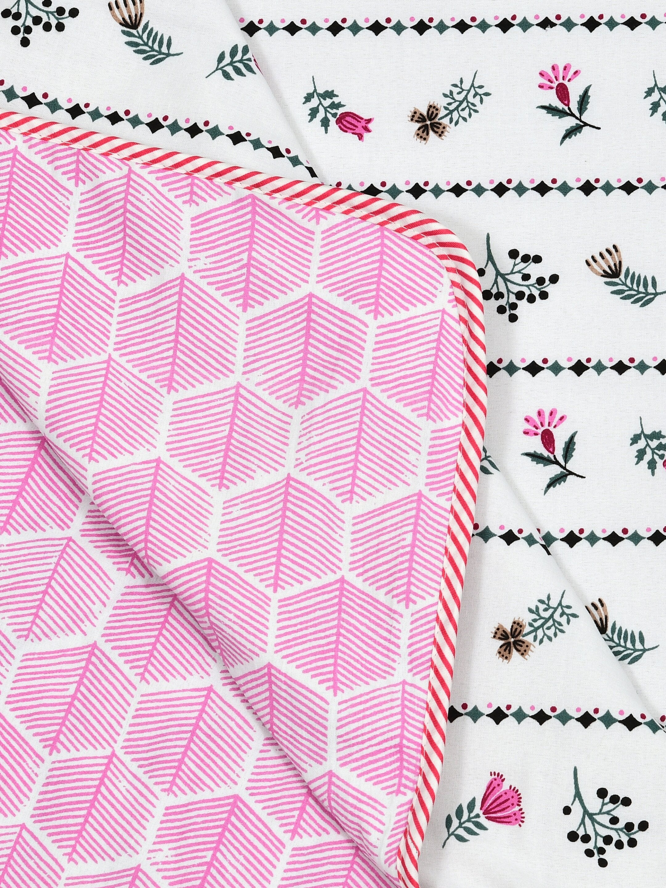 Living Roots Hand Block Stripe Floral Printed | Single Bed Dohar Lightweight For Summer Mild Winters AC Reversible Soft Comforter | No Colour Bleeding, Pink Colour, 56*86 inches, 150TC (11-024-A)