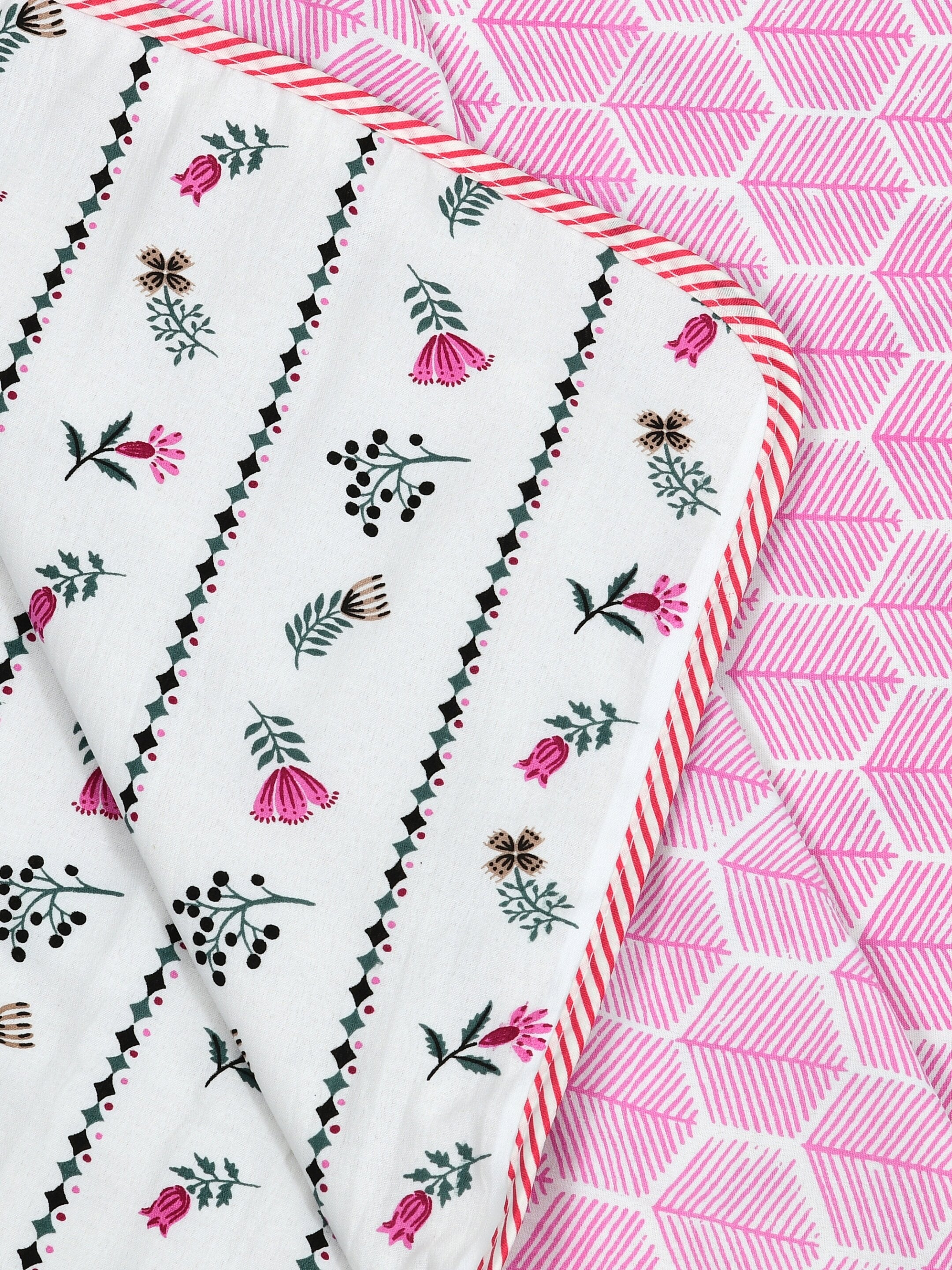 Living Roots Hand Block Stripe Floral Printed | Single Bed Dohar Lightweight For Summer Mild Winters AC Reversible Soft Comforter | No Colour Bleeding, Pink Colour, 56*86 inches, 150TC (11-024-A)