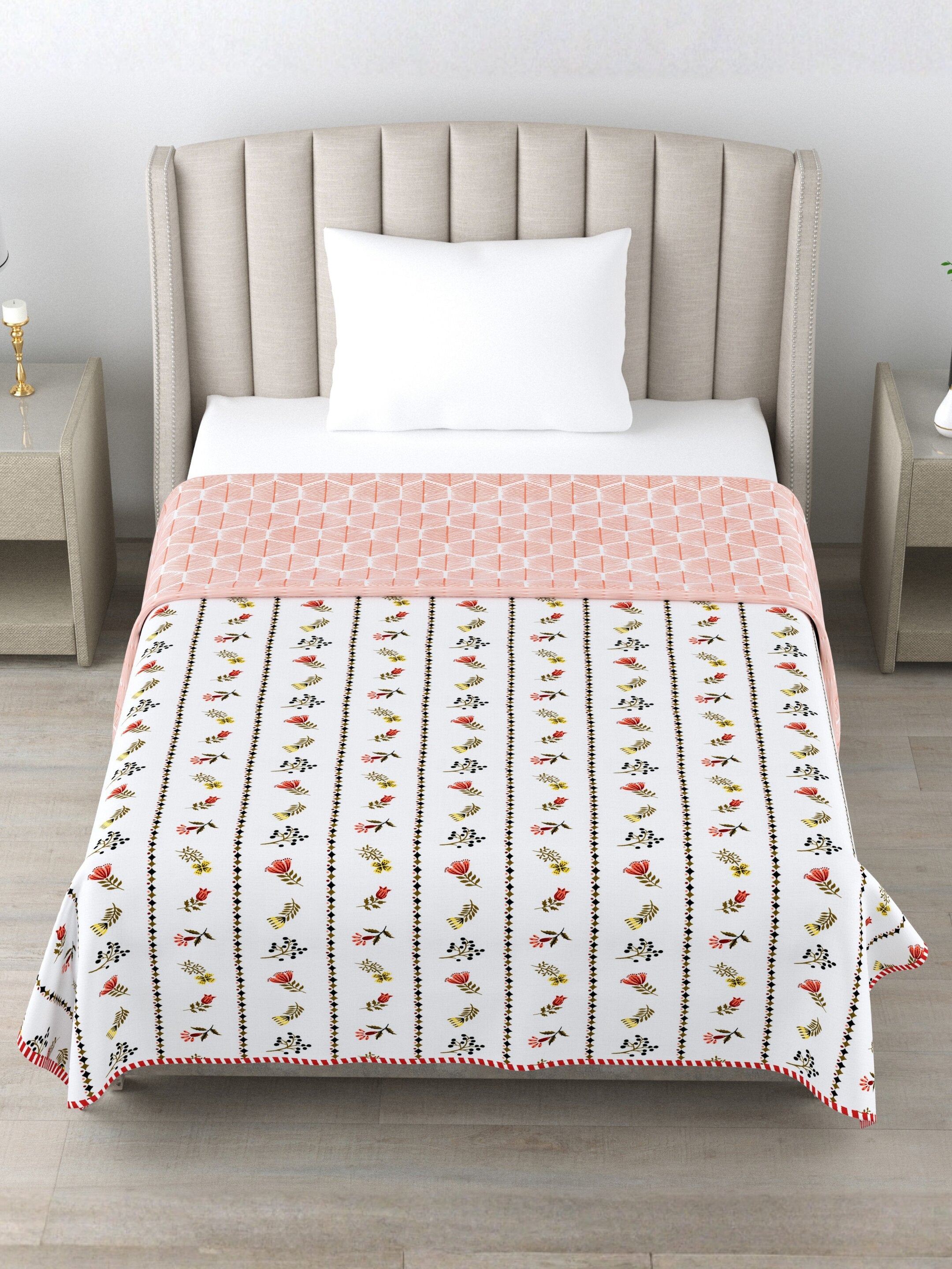 Living Roots Hand Block Stripe Floral Printed | Single Bed Dohar Lightweight For Summer Mild Winters AC Reversible Soft Comforter | No Colour Bleeding, Coral Colour, 56*86 inches, 150TC (11-024-B)