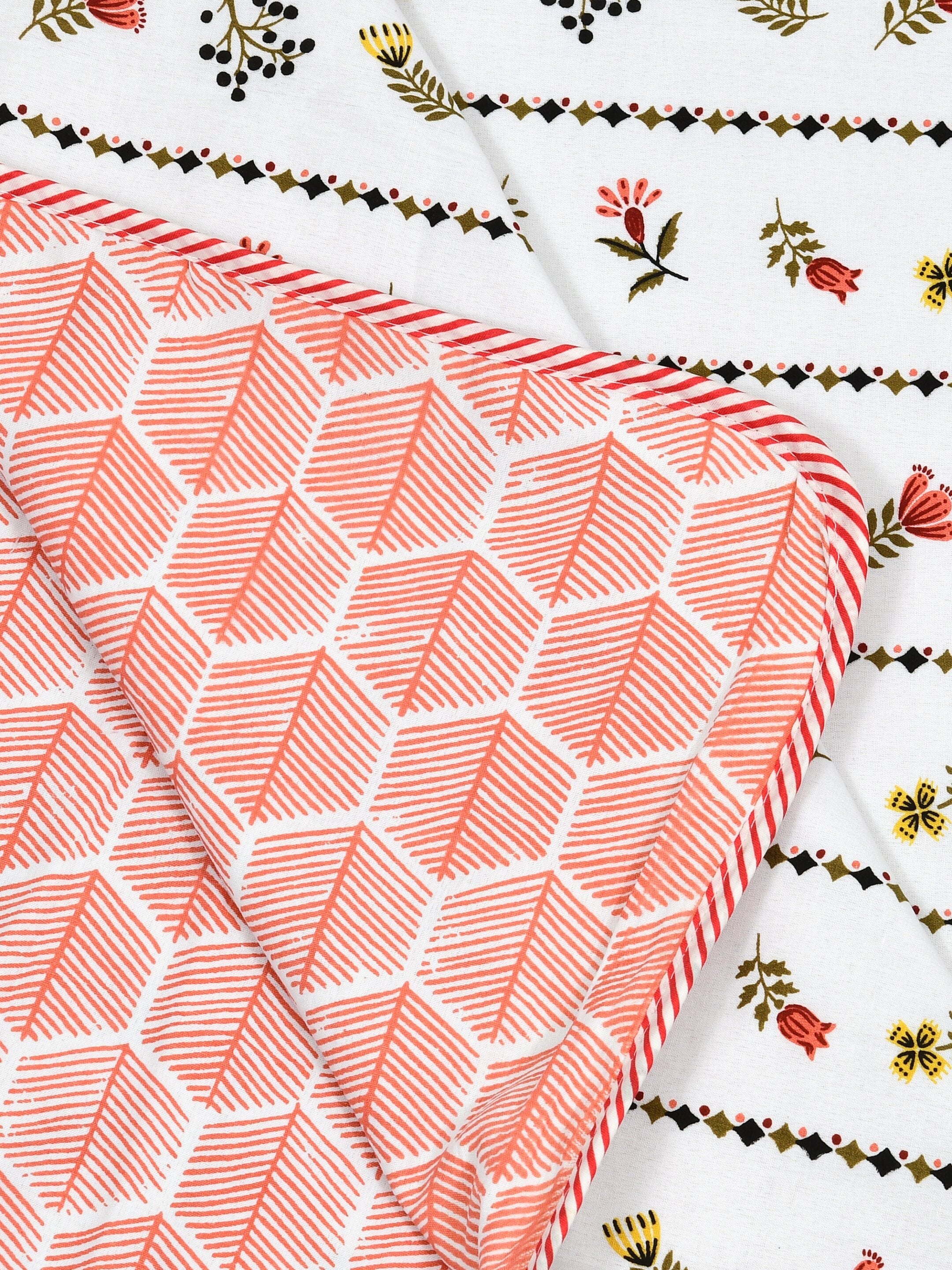 Living Roots Hand Block Stripe Floral Printed | Single Bed Dohar Lightweight For Summer Mild Winters AC Reversible Soft Comforter | No Colour Bleeding, Coral Colour, 56*86 inches, 150TC (11-024-B)