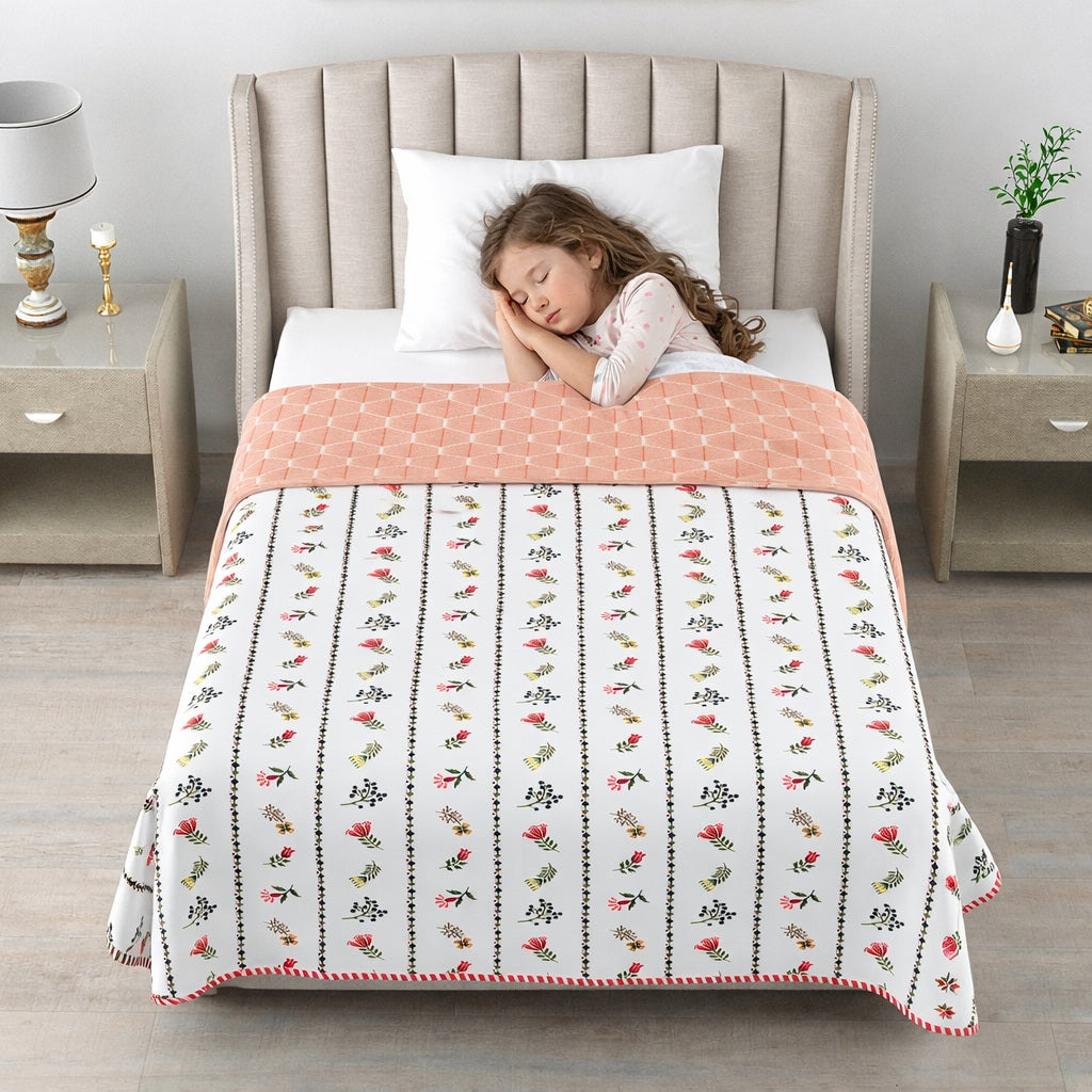 Living Roots Hand Block Stripe Floral Printed | Single Bed Dohar Lightweight For Summer Mild Winters AC Reversible Soft Comforter | No Colour Bleeding, Coral Colour, 56*86 inches, 150TC (11-024-B)