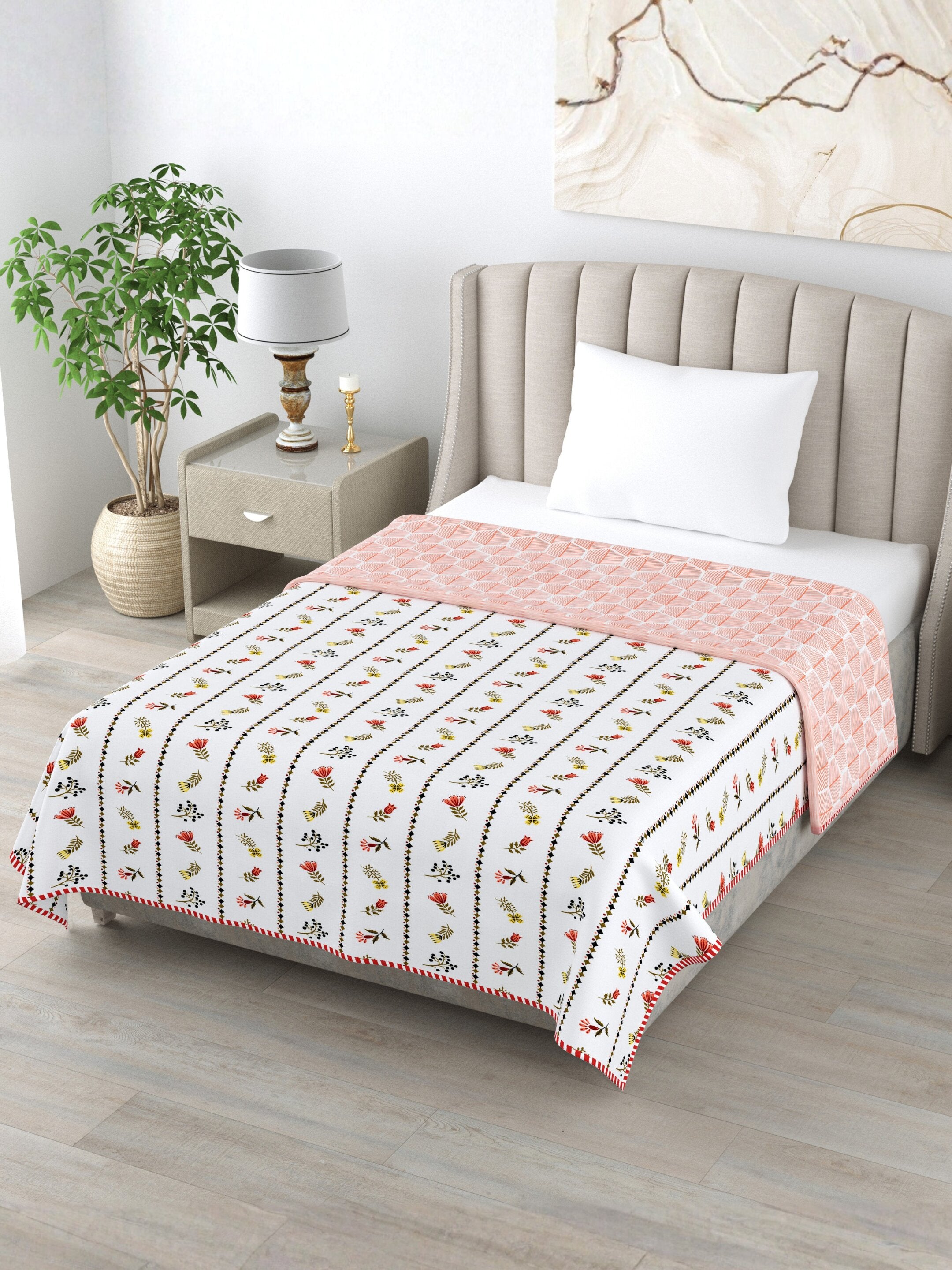 Living Roots Hand Block Stripe Floral Printed | Single Bed Dohar Lightweight For Summer Mild Winters AC Reversible Soft Comforter | No Colour Bleeding, Coral Colour, 56*86 inches, 150TC (11-024-B)