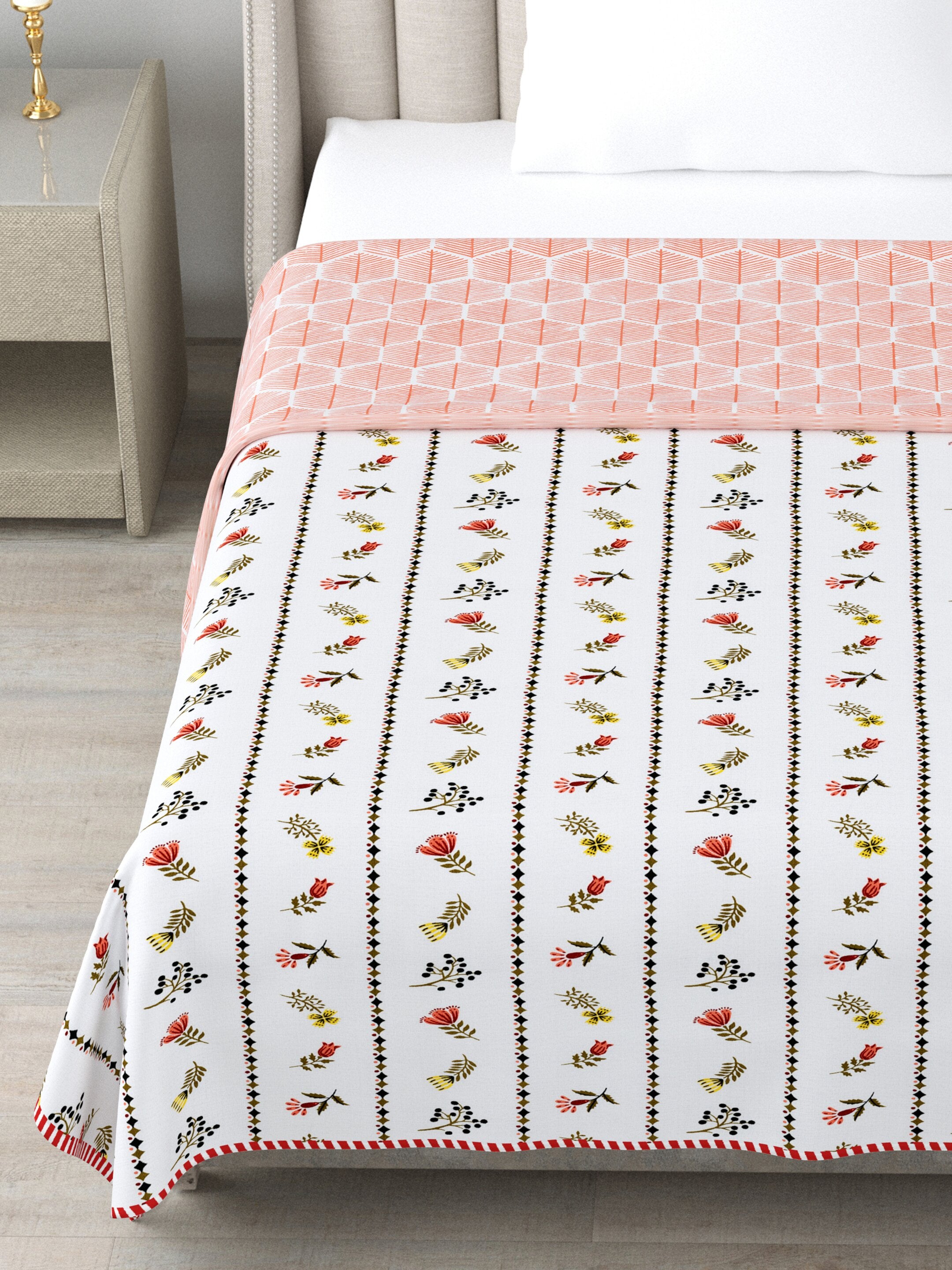 Living Roots Hand Block Stripe Floral Printed | Single Bed Dohar Lightweight For Summer Mild Winters AC Reversible Soft Comforter | No Colour Bleeding, Coral Colour, 56*86 inches, 150TC (11-024-B)
