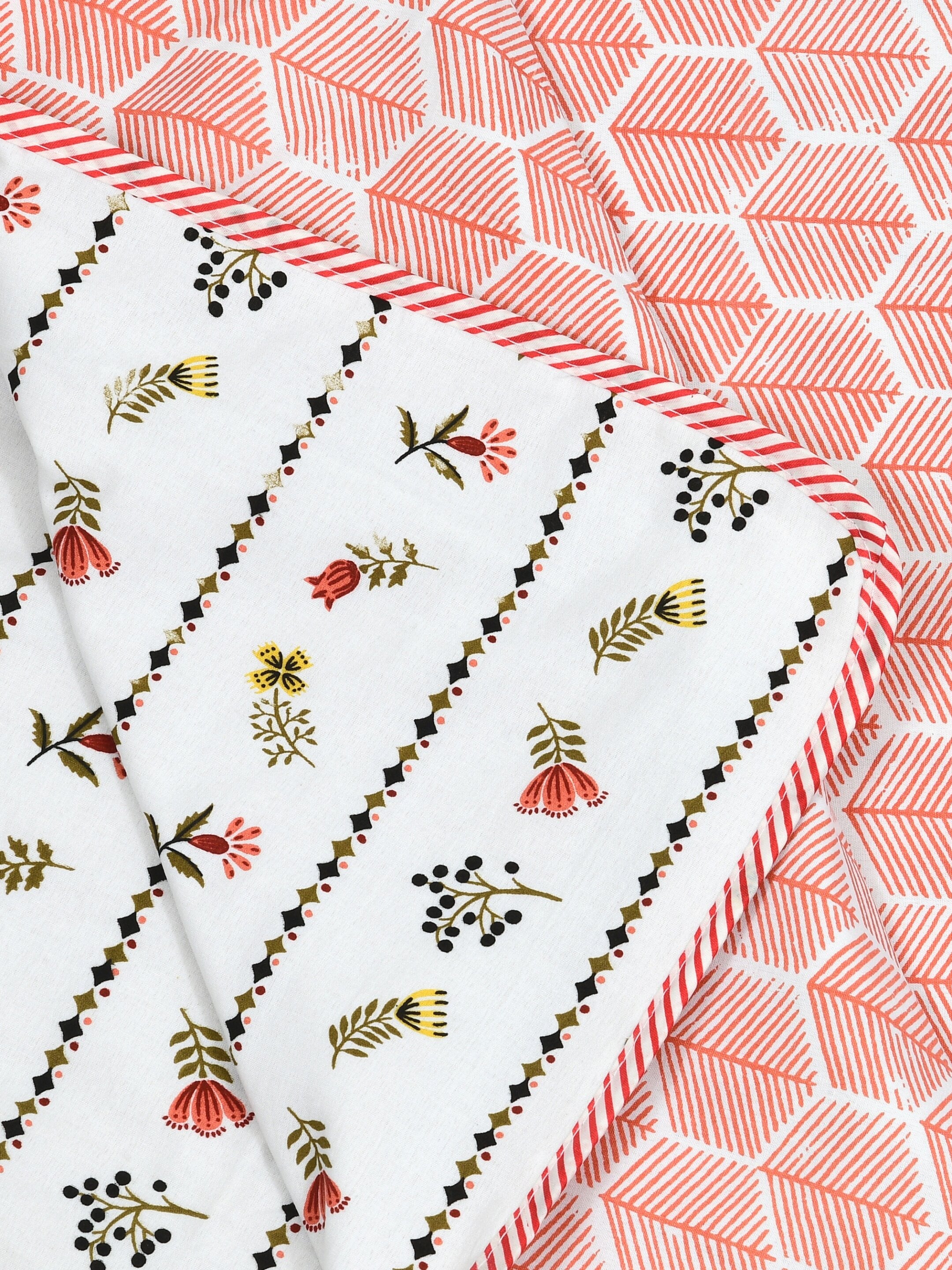 Living Roots Hand Block Stripe Floral Printed | Single Bed Dohar Lightweight For Summer Mild Winters AC Reversible Soft Comforter | No Colour Bleeding, Coral Colour, 56*86 inches, 150TC (11-024-B)