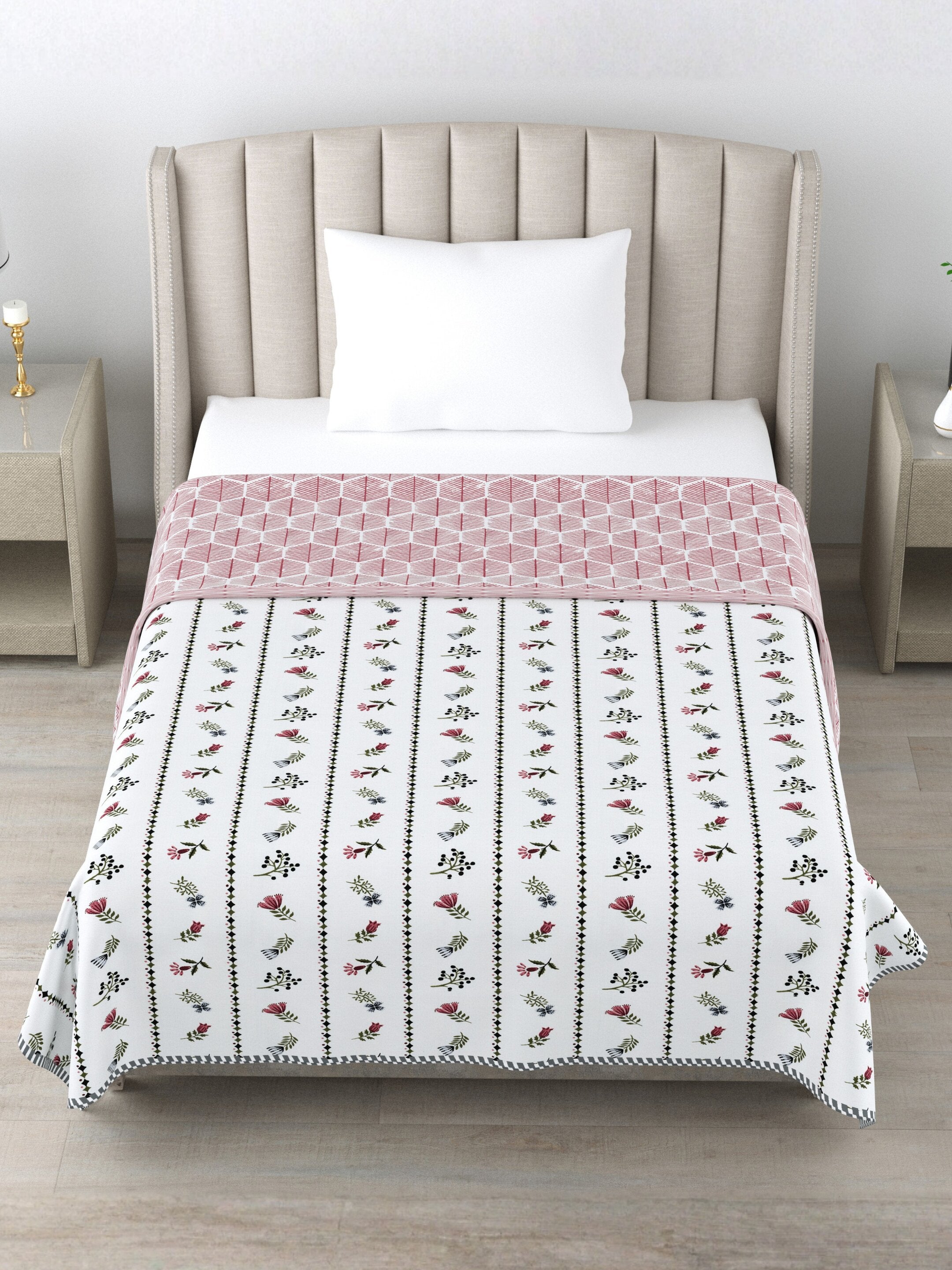 Living Roots Hand Block Stripe Floral Printed | Single Bed Dohar Lightweight For Summer Mild Winters AC Reversible Soft Comforter | No Colour Bleeding, Wine Colour, 56*86 inches, 150TC (11-024-C)