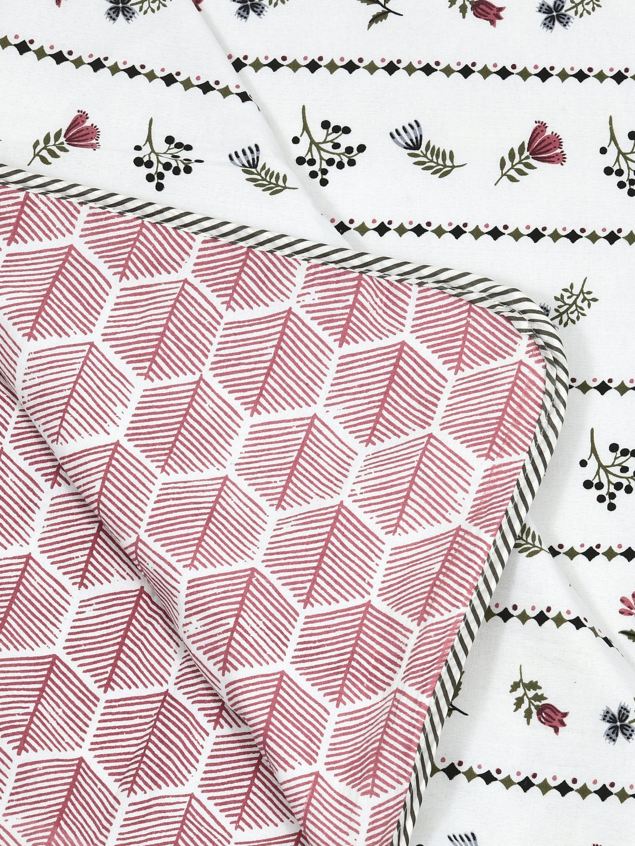 Living Roots Hand Block Stripe Floral Printed | Single Bed Dohar Lightweight For Summer Mild Winters AC Reversible Soft Comforter | No Colour Bleeding, Wine Colour, 56*86 inches, 150TC (11-024-C)