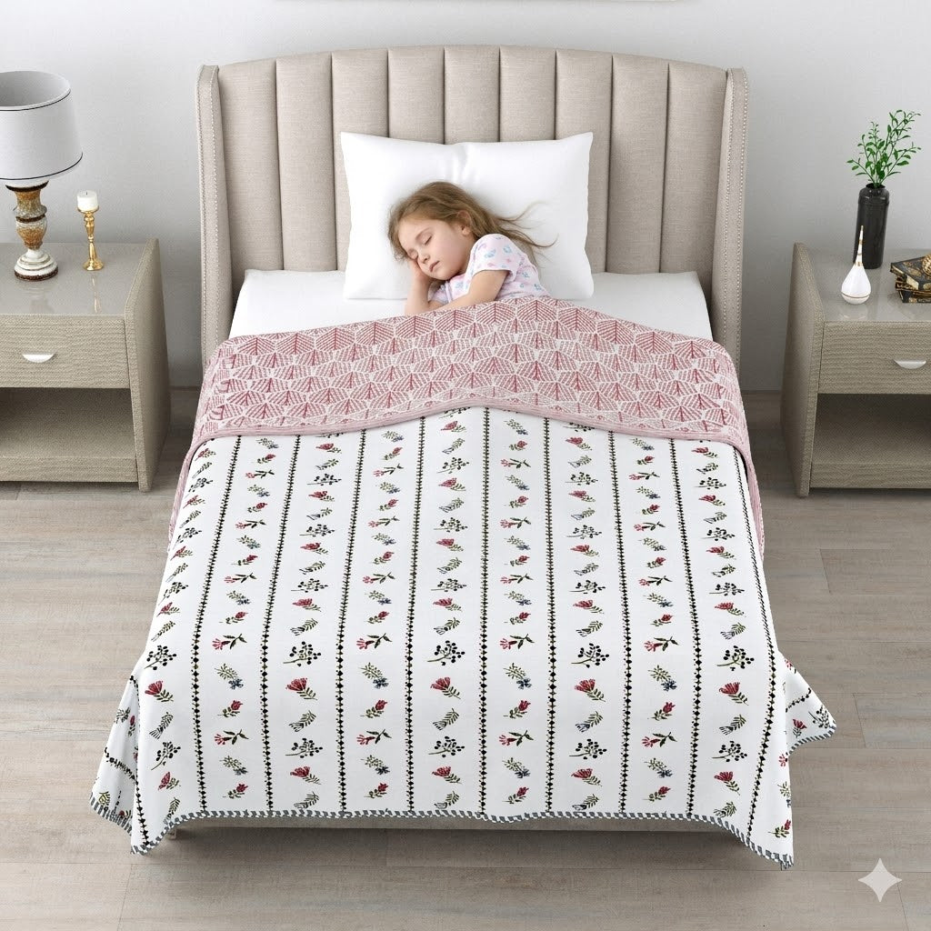 Living Roots Hand Block Stripe Floral Printed | Single Bed Dohar Lightweight For Summer Mild Winters AC Reversible Soft Comforter | No Colour Bleeding, Wine Colour, 56*86 inches, 150TC (11-024-C)
