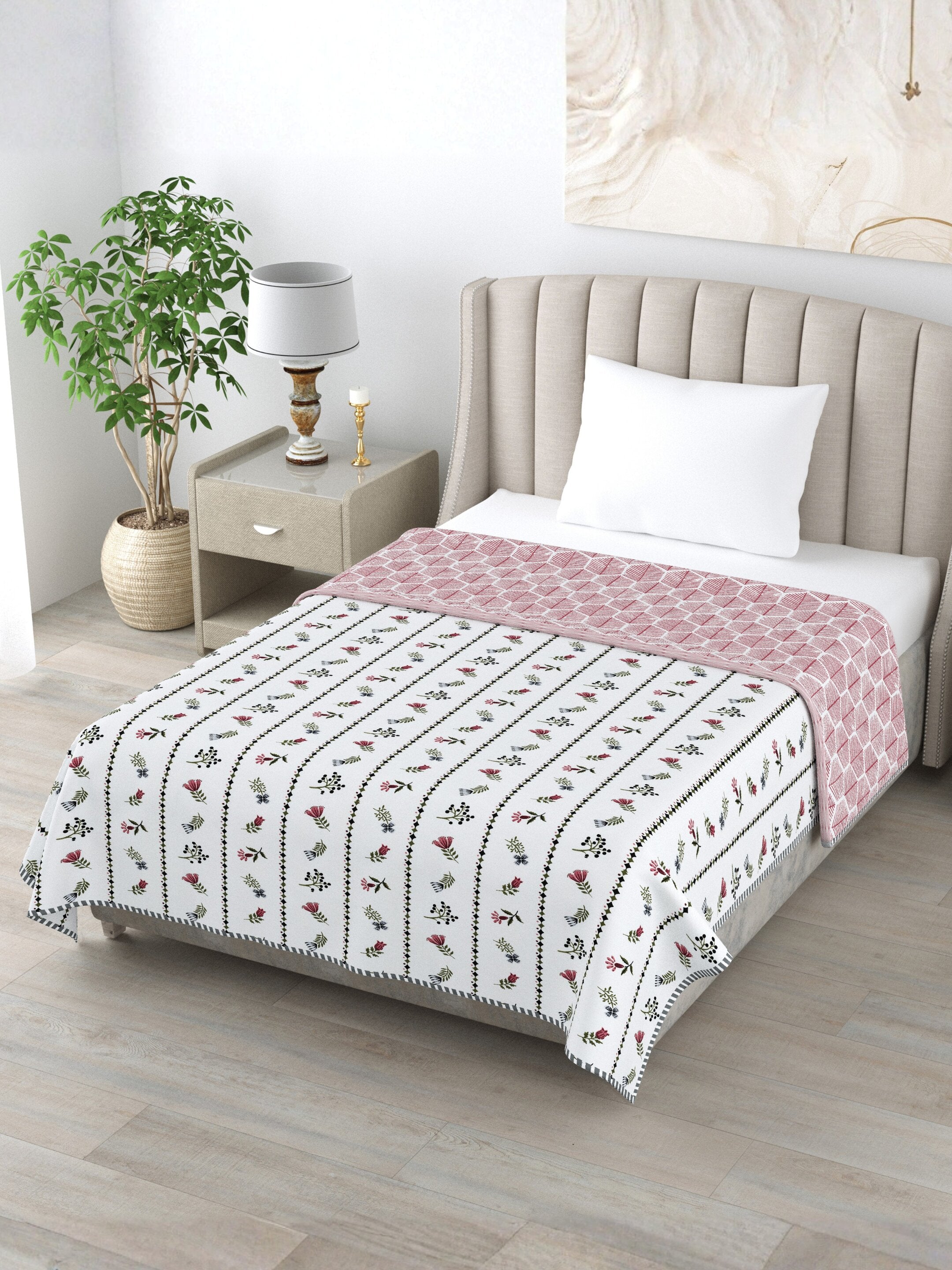 Living Roots Hand Block Stripe Floral Printed | Single Bed Dohar Lightweight For Summer Mild Winters AC Reversible Soft Comforter | No Colour Bleeding, Wine Colour, 56*86 inches, 150TC (11-024-C)