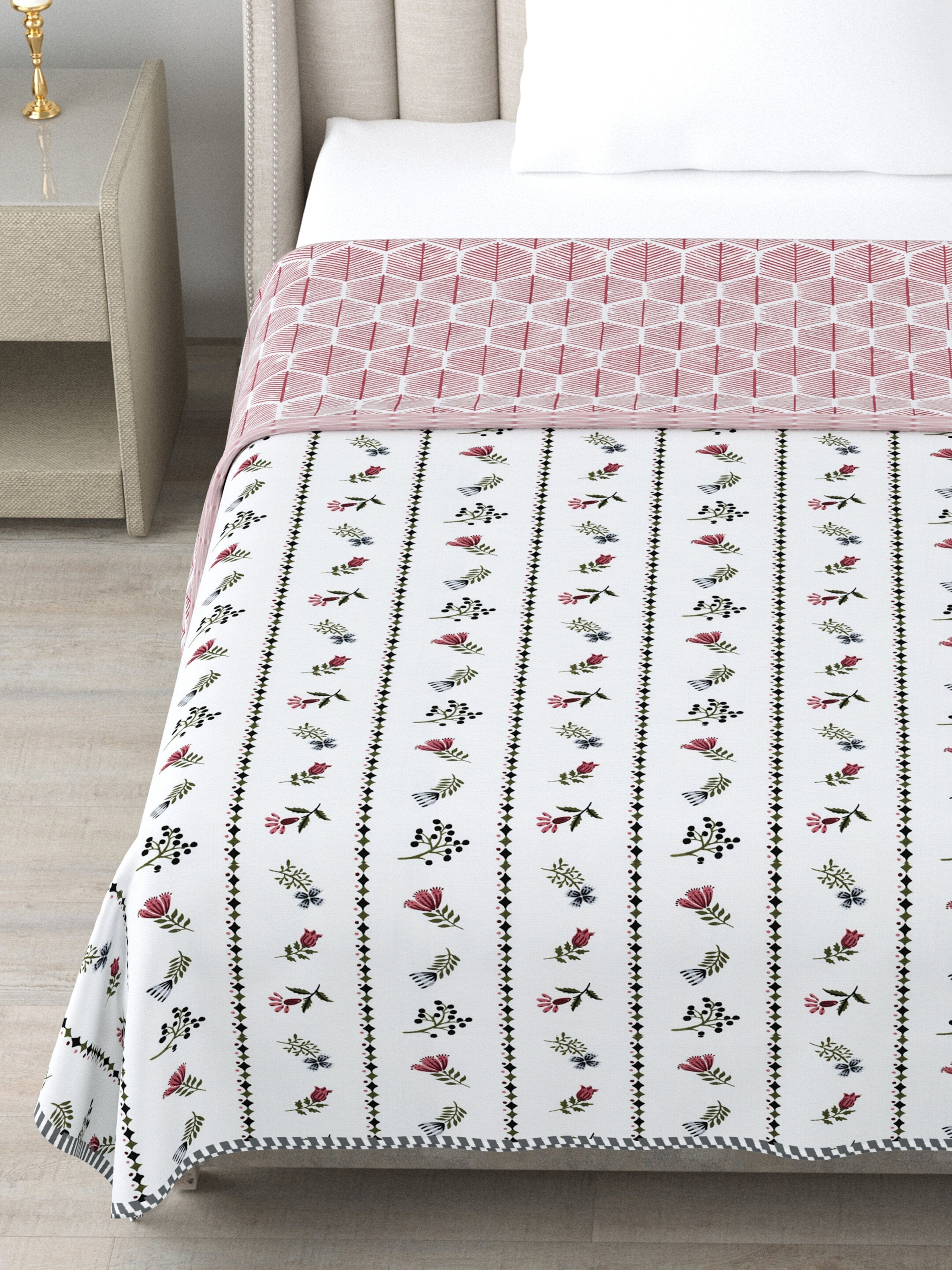 Living Roots Hand Block Stripe Floral Printed | Single Bed Dohar Lightweight For Summer Mild Winters AC Reversible Soft Comforter | No Colour Bleeding, Wine Colour, 56*86 inches, 150TC (11-024-C)