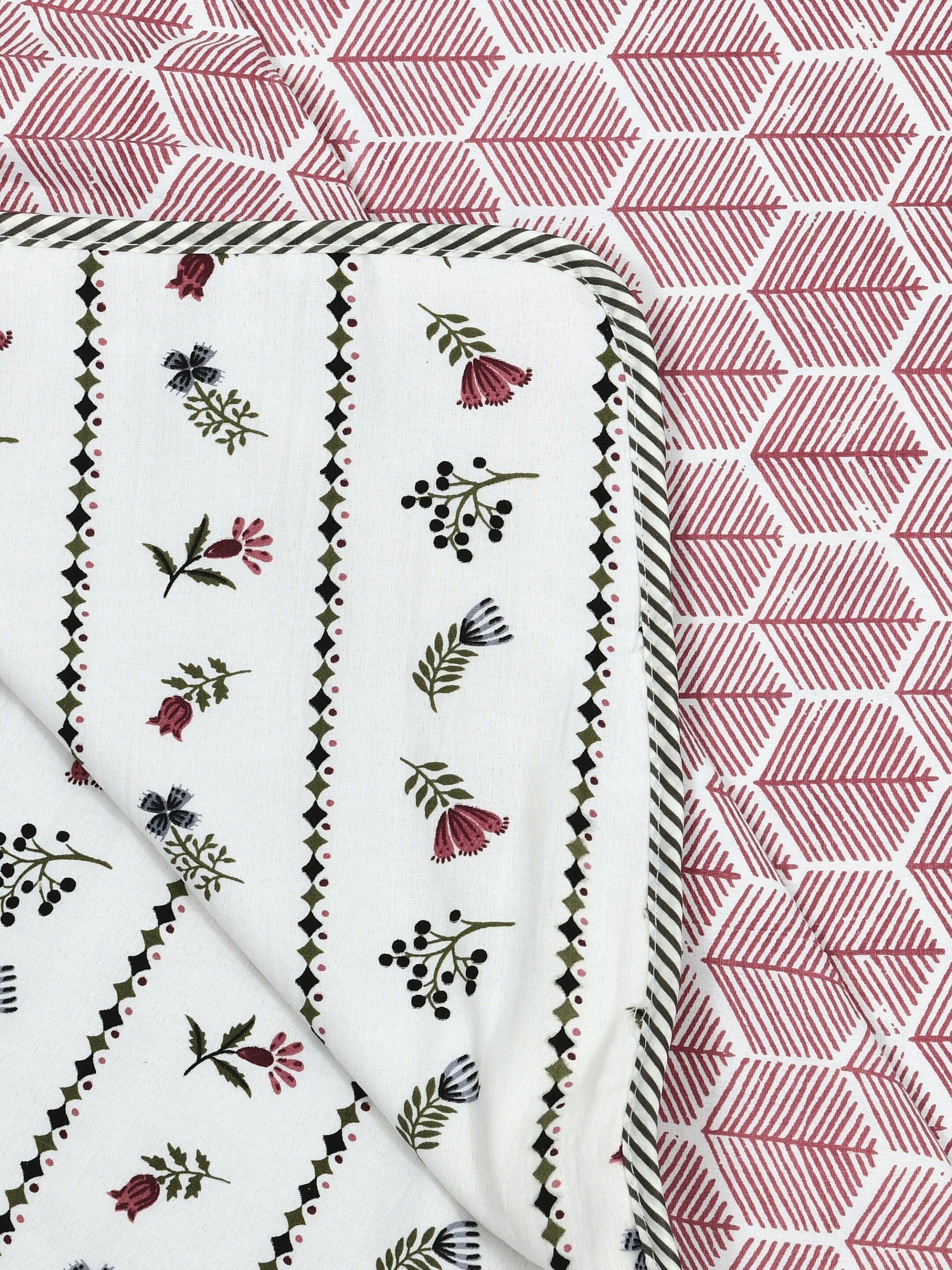 Living Roots Hand Block Stripe Floral Printed | Single Bed Dohar Lightweight For Summer Mild Winters AC Reversible Soft Comforter | No Colour Bleeding, Wine Colour, 56*86 inches, 150TC (11-024-C)