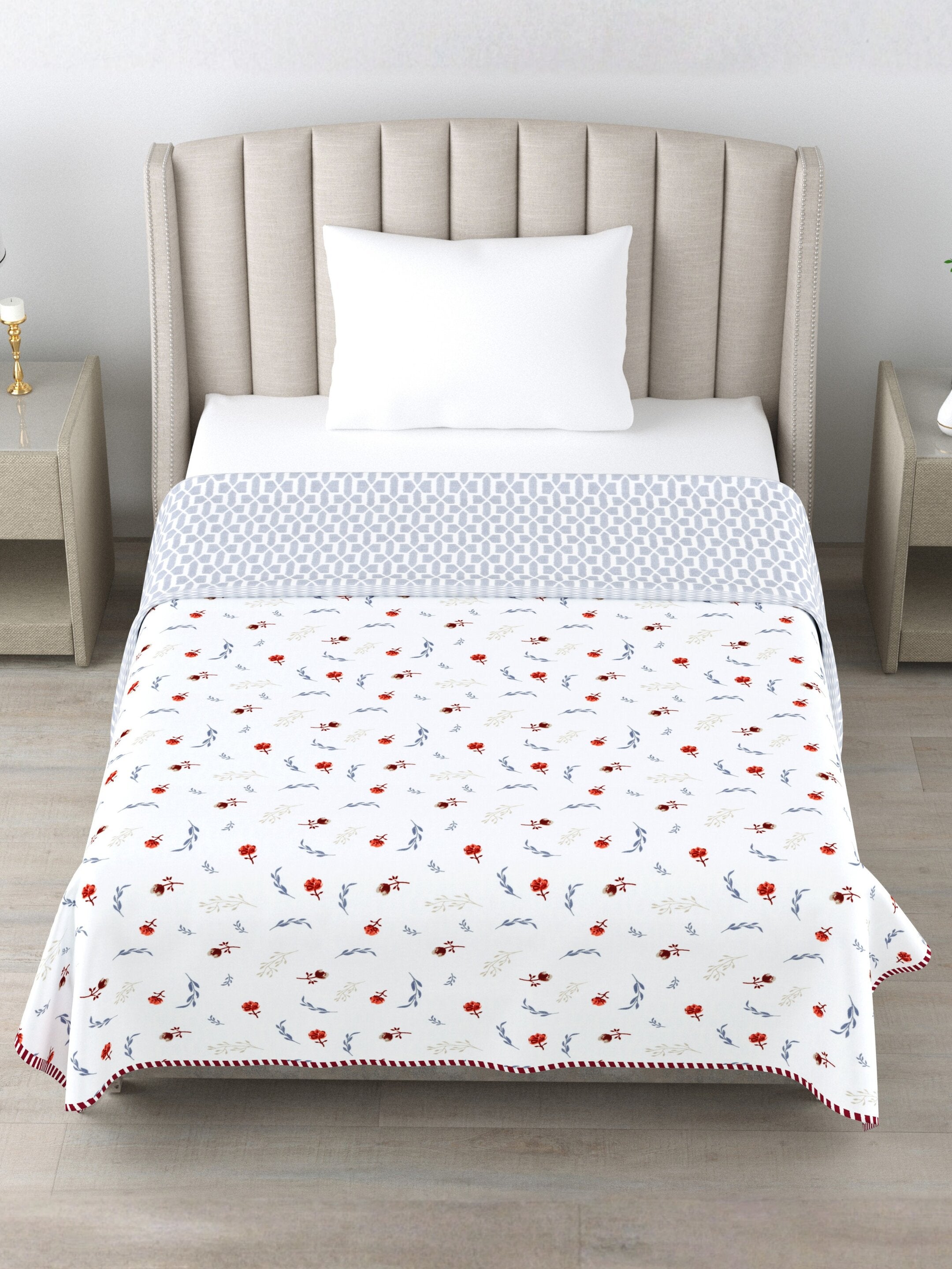 Living Roots Hand Block Geometric Floral Printed | Single Bed Dohar Lightweight For Summer Mild Winters AC Reversible Soft Comforter | No Colour Bleeding, Grey Colour, 56*86 inches, 150TC (025-A)