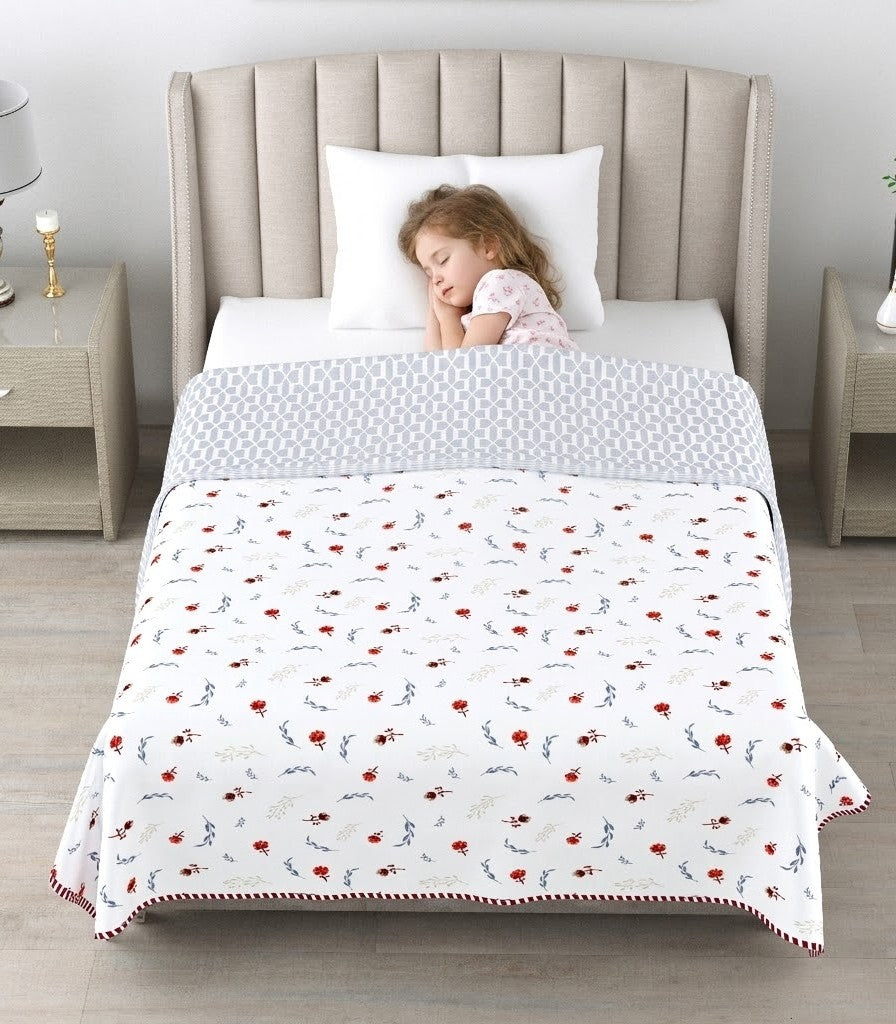 Living Roots Hand Block Geometric Floral Printed | Single Bed Dohar Lightweight For Summer Mild Winters AC Reversible Soft Comforter | No Colour Bleeding, Grey Colour, 56*86 inches, 150TC (025-A)