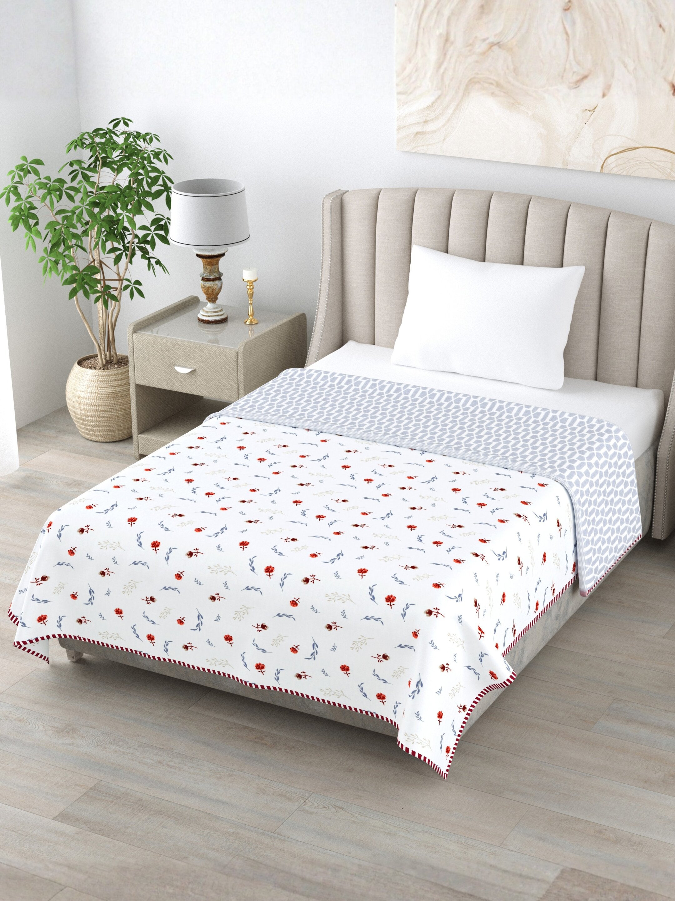 Living Roots Hand Block Geometric Floral Printed | Single Bed Dohar Lightweight For Summer Mild Winters AC Reversible Soft Comforter | No Colour Bleeding, Grey Colour, 56*86 inches, 150TC (025-A)