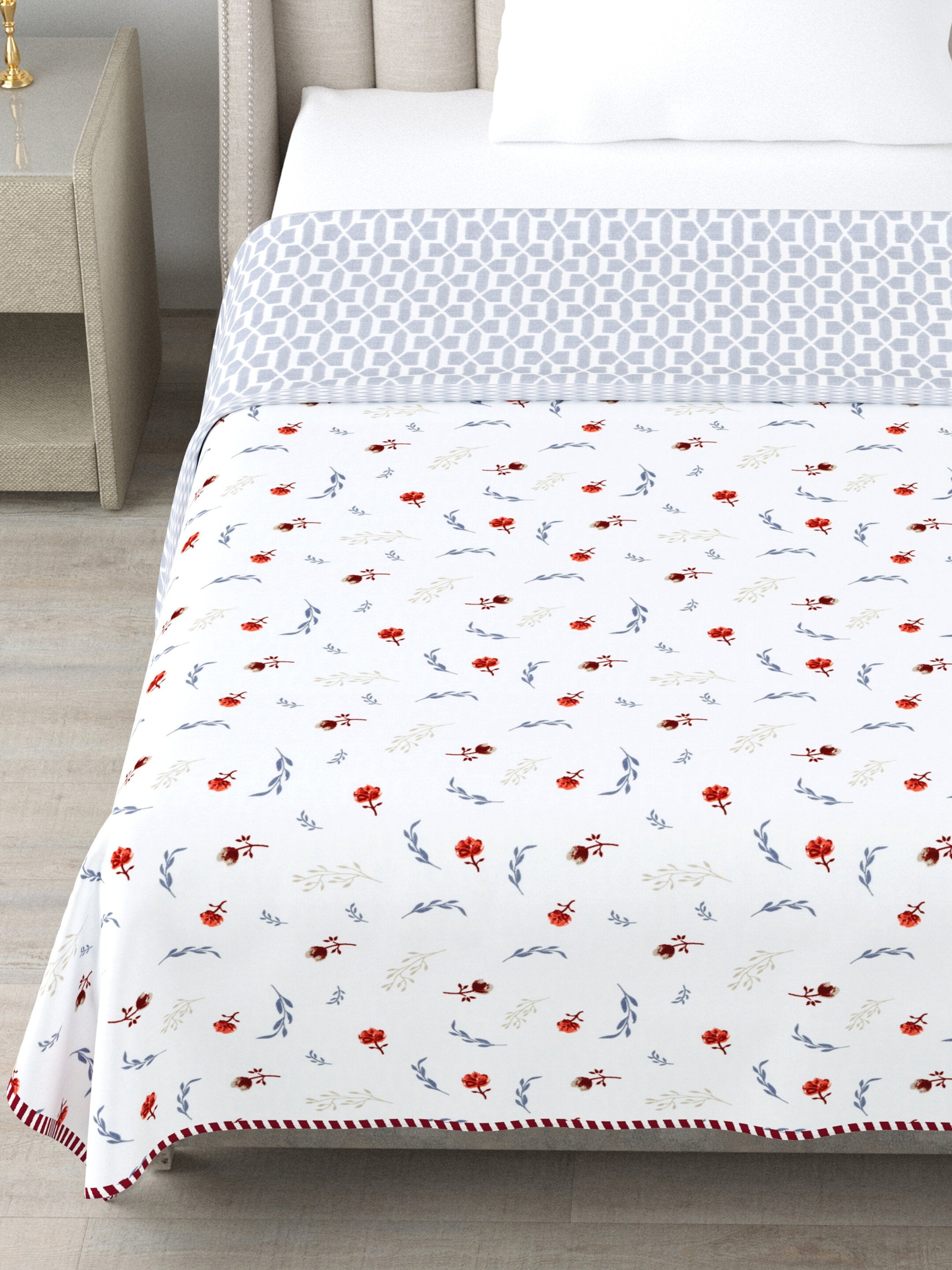 Living Roots Hand Block Geometric Floral Printed | Single Bed Dohar Lightweight For Summer Mild Winters AC Reversible Soft Comforter | No Colour Bleeding, Grey Colour, 56*86 inches, 150TC (025-A)