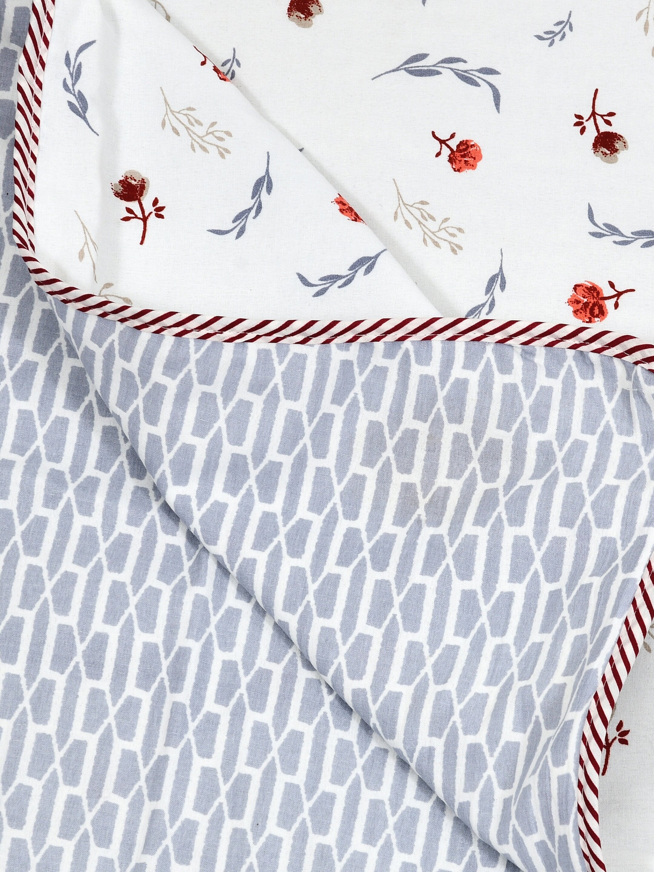 Living Roots Hand Block Geometric Floral Printed | Single Bed Dohar Lightweight For Summer Mild Winters AC Reversible Soft Comforter | No Colour Bleeding, Grey Colour, 56*86 inches, 150TC (025-A)