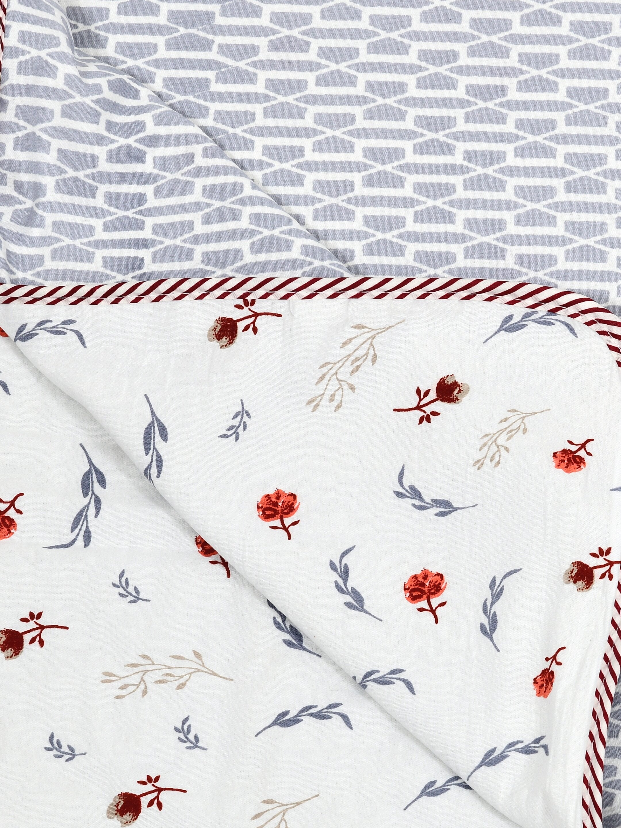 Living Roots Hand Block Geometric Floral Printed | Single Bed Dohar Lightweight For Summer Mild Winters AC Reversible Soft Comforter | No Colour Bleeding, Grey Colour, 56*86 inches, 150TC (025-A)