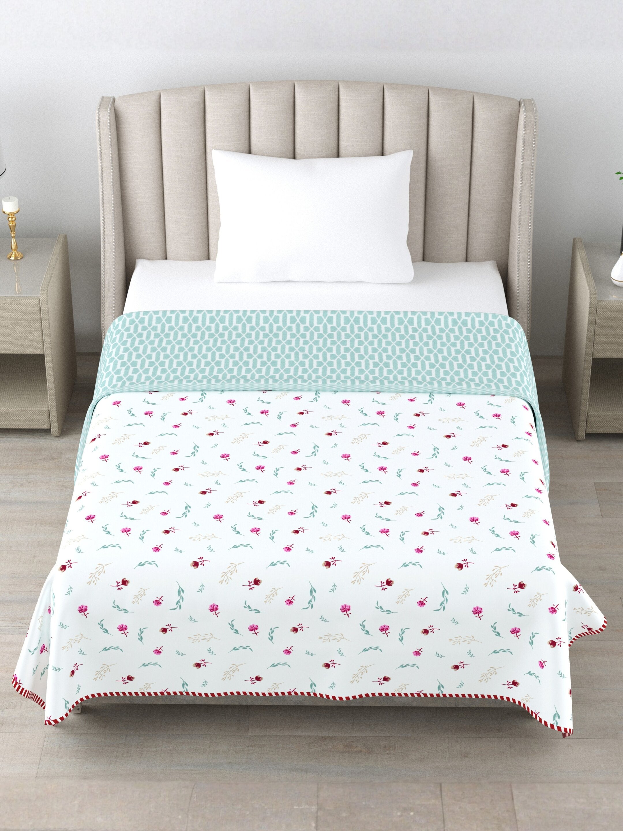 Living Roots Hand Block Geometric Floral Printed | Single Bed Dohar Lightweight For Summer Mild Winters AC Reversible Soft Comforter | No Colour Bleeding, Teal Colour, 56*86 inches, 150TC (11-025-B)