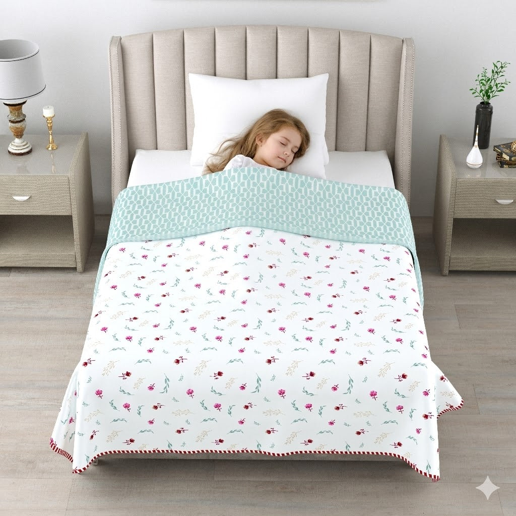 Living Roots Hand Block Geometric Floral Printed | Single Bed Dohar Lightweight For Summer Mild Winters AC Reversible Soft Comforter | No Colour Bleeding, Teal Colour, 56*86 inches, 150TC (11-025-B)