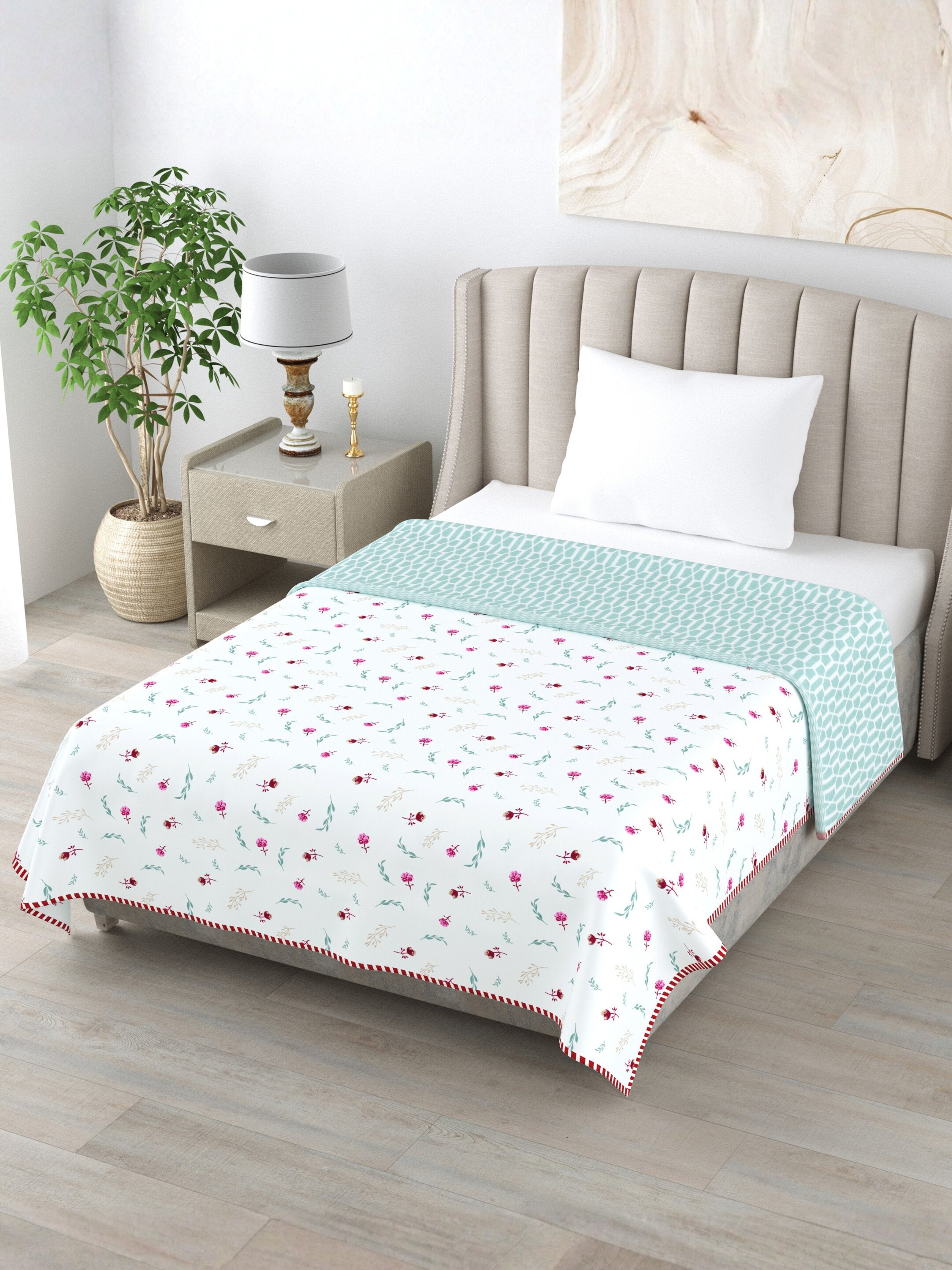 Living Roots Hand Block Geometric Floral Printed | Single Bed Dohar Lightweight For Summer Mild Winters AC Reversible Soft Comforter | No Colour Bleeding, Teal Colour, 56*86 inches, 150TC (11-025-B)